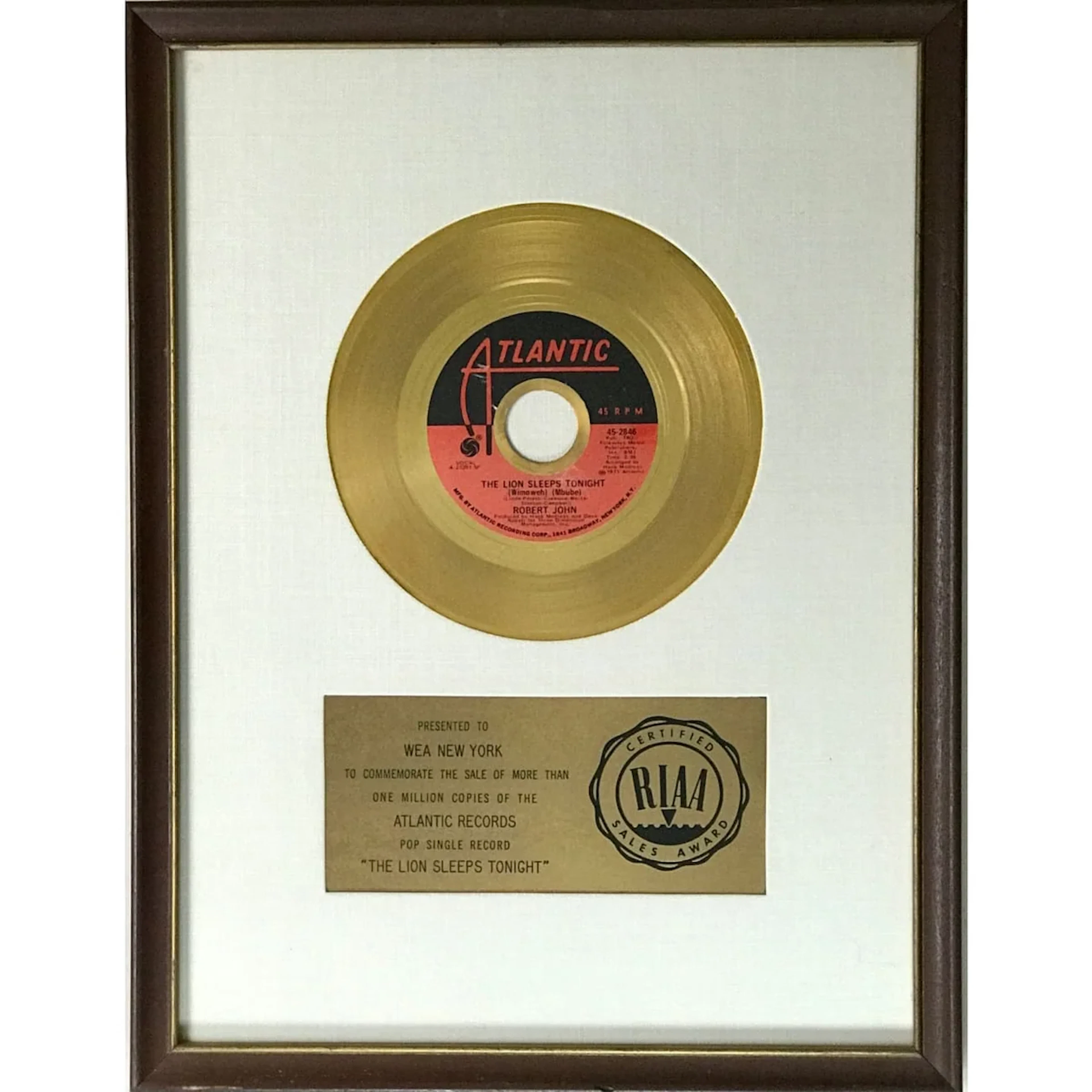Robert John "The Lion Sleeps Tonight" RIAA Gold Single 45 Award - RARE