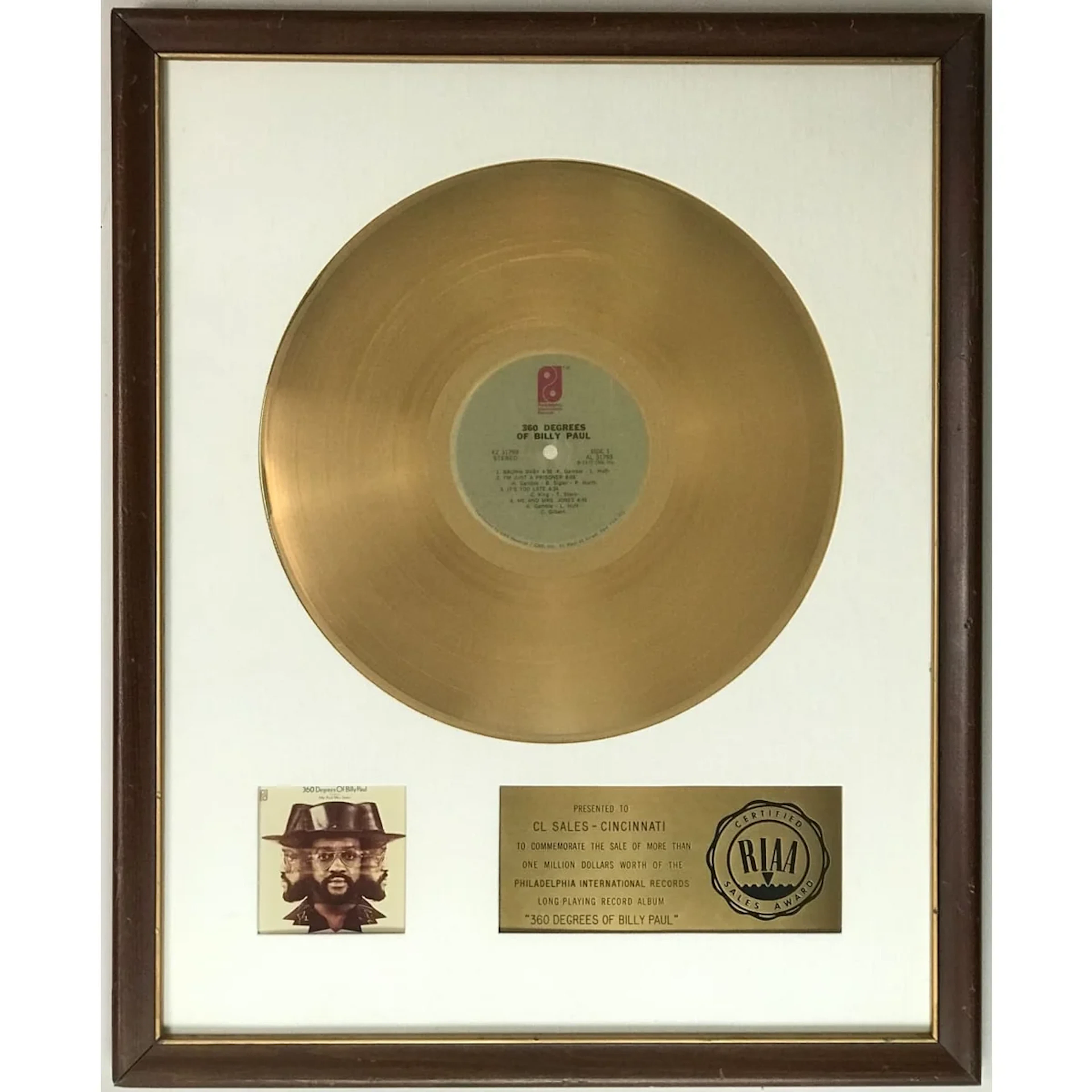Billy Paul 360 Degrees Of Billy Paul RIAA Gold LP Award signed on