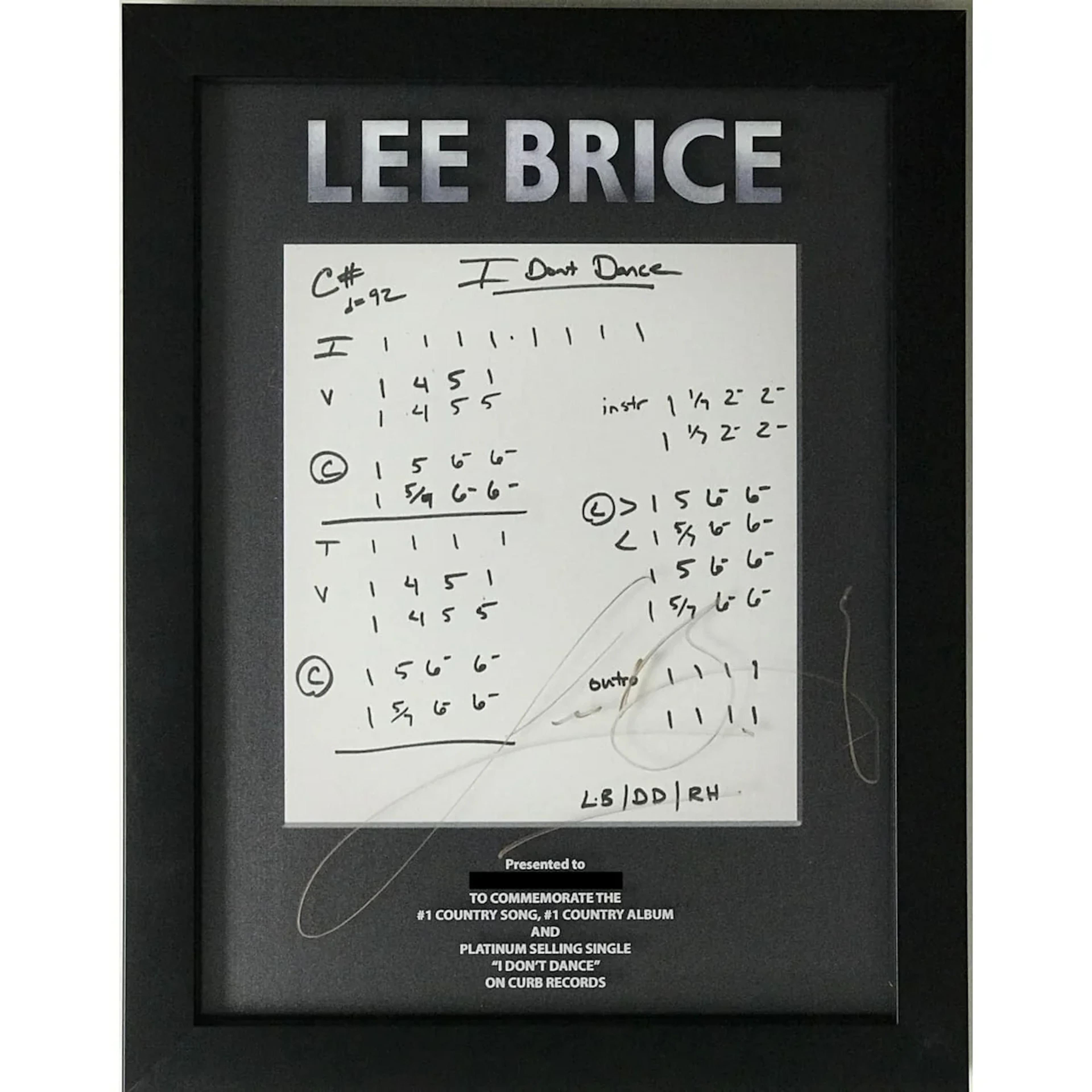 Lee Brice "I Don't Dance" Music Notation Award signed by Brice