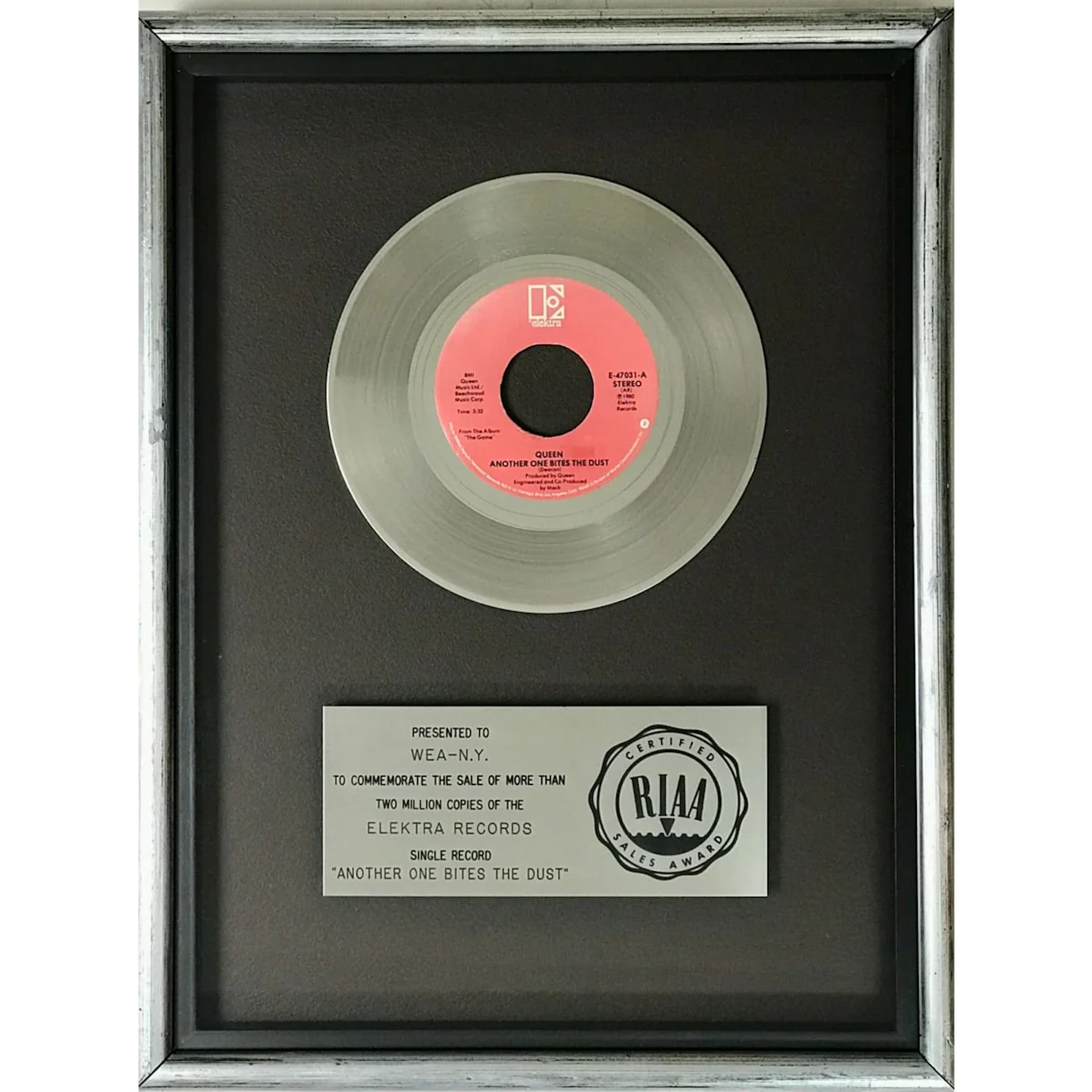 Queen "Another One Bites The Dust" RIAA Platinum Single 45 Award - RARE