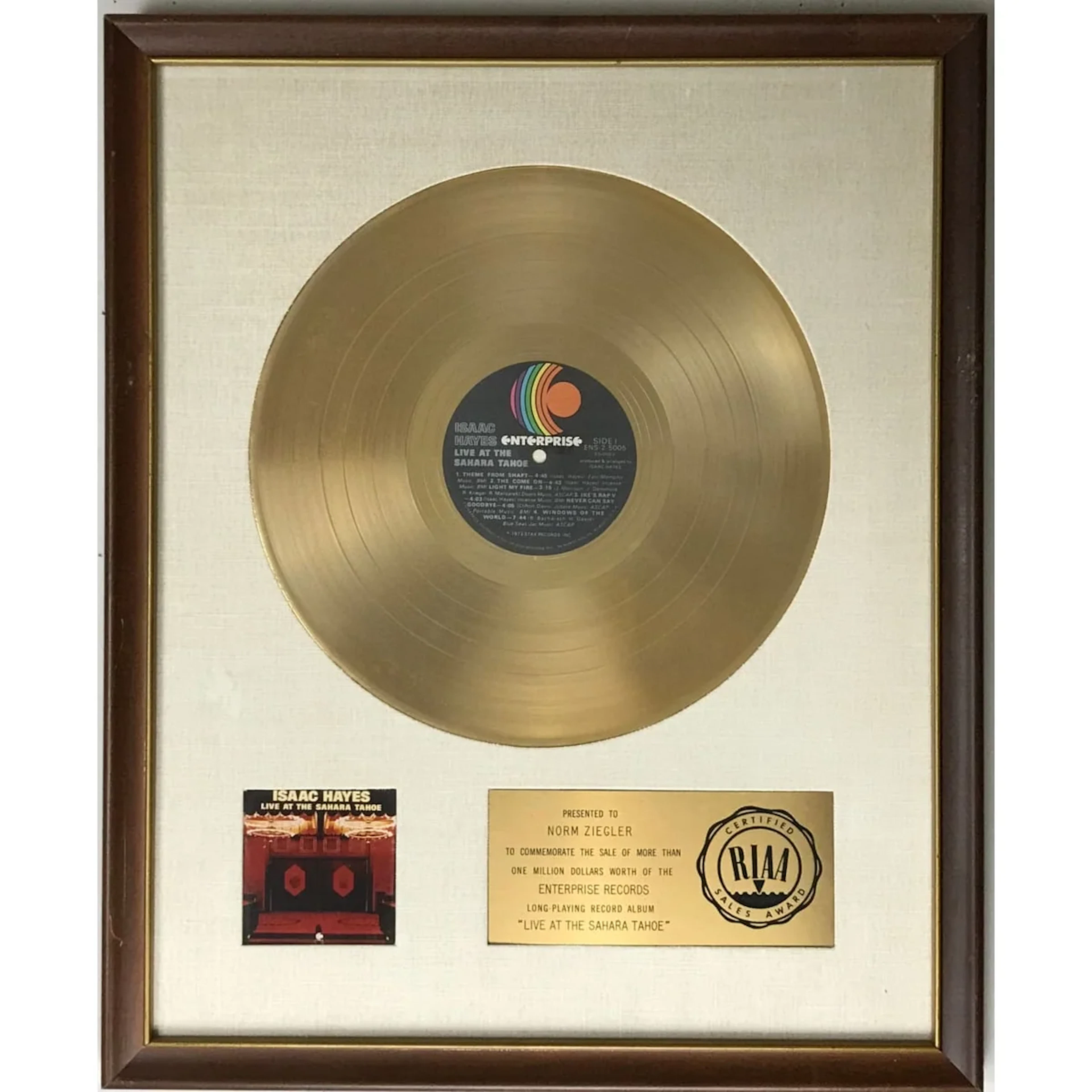 Isaac Hayes Live At the Sahara Tahoe White Matte RIAA Gold LP Award - RARE