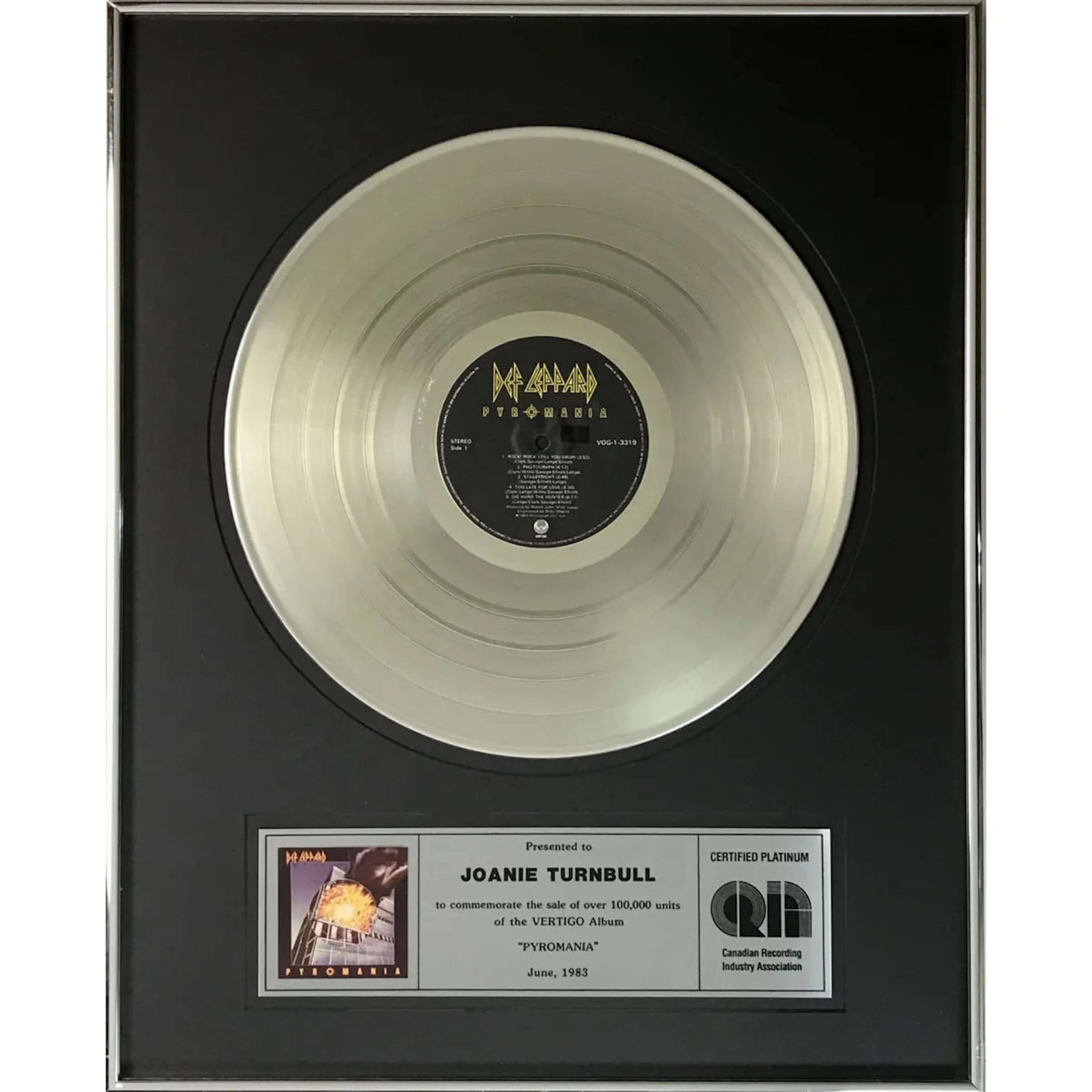 Def Leppard Pyromania CRIA Platinum Album Award