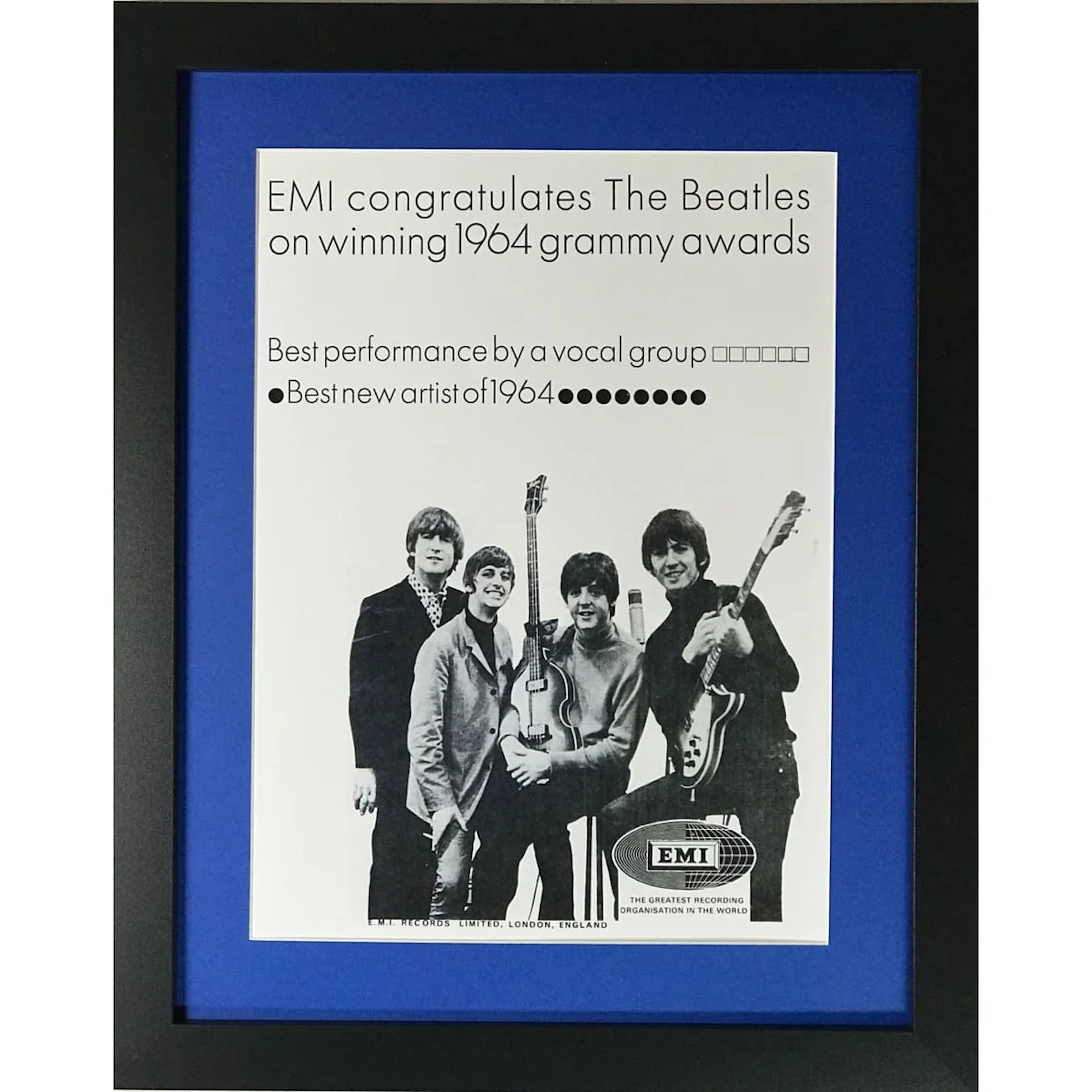 Beatles EMI 1964 Grammy Awards Ad - Framed