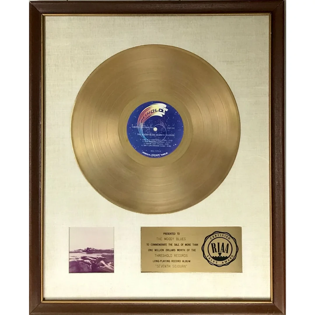 The Moody Blues Seventh Sojourn White Matte RIAA Gold LP Award presented