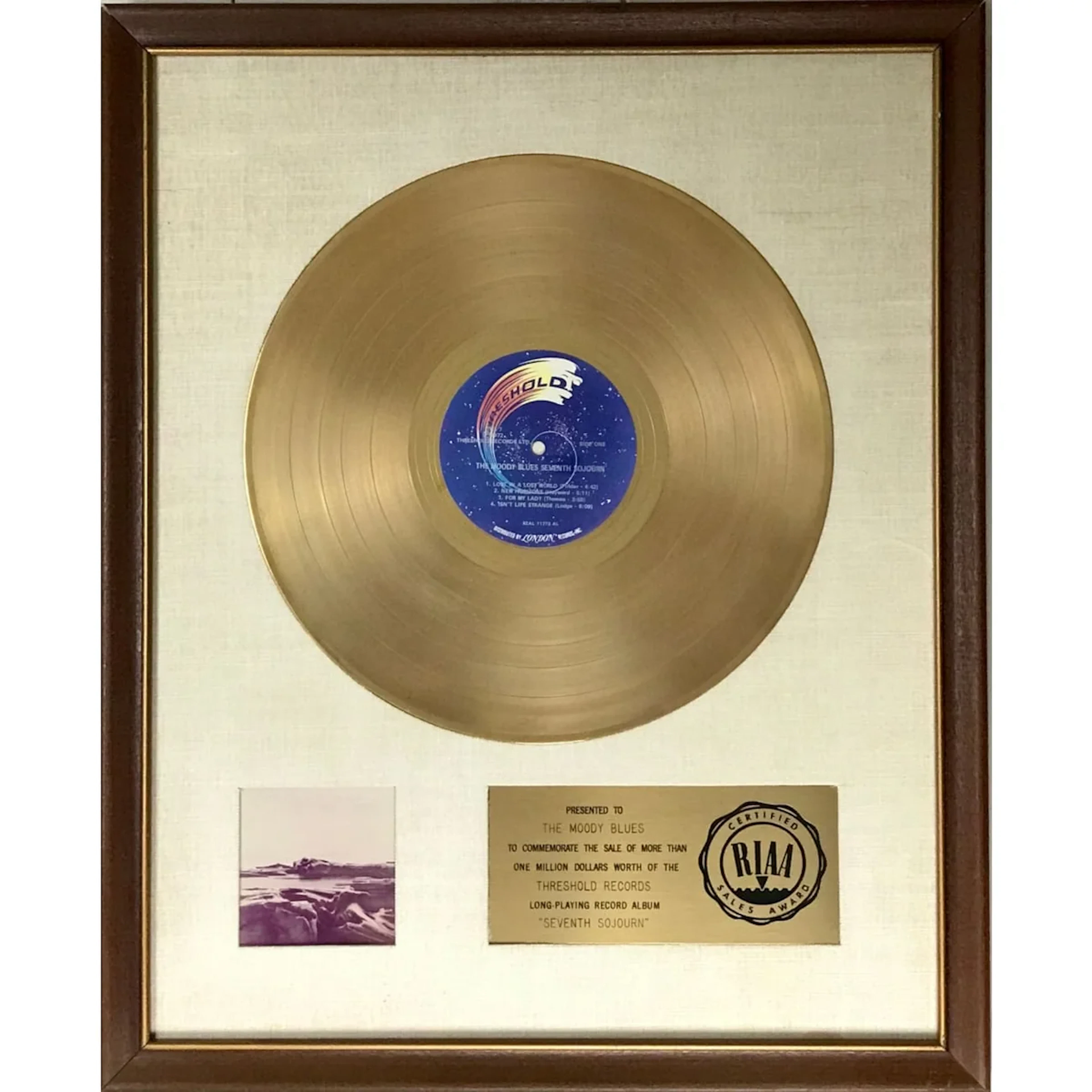 The Moody Blues Seventh Sojourn White Matte RIAA Gold LP Award presented