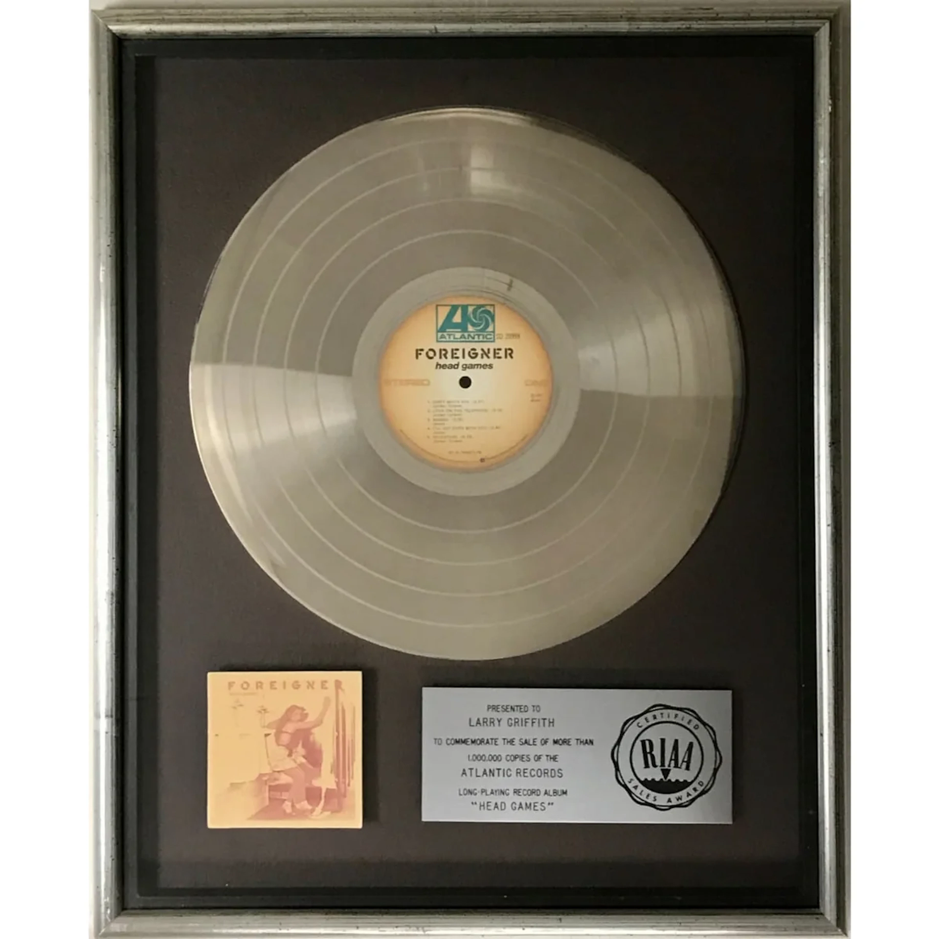Foreigner Head Games RIAA Platinum Album Award