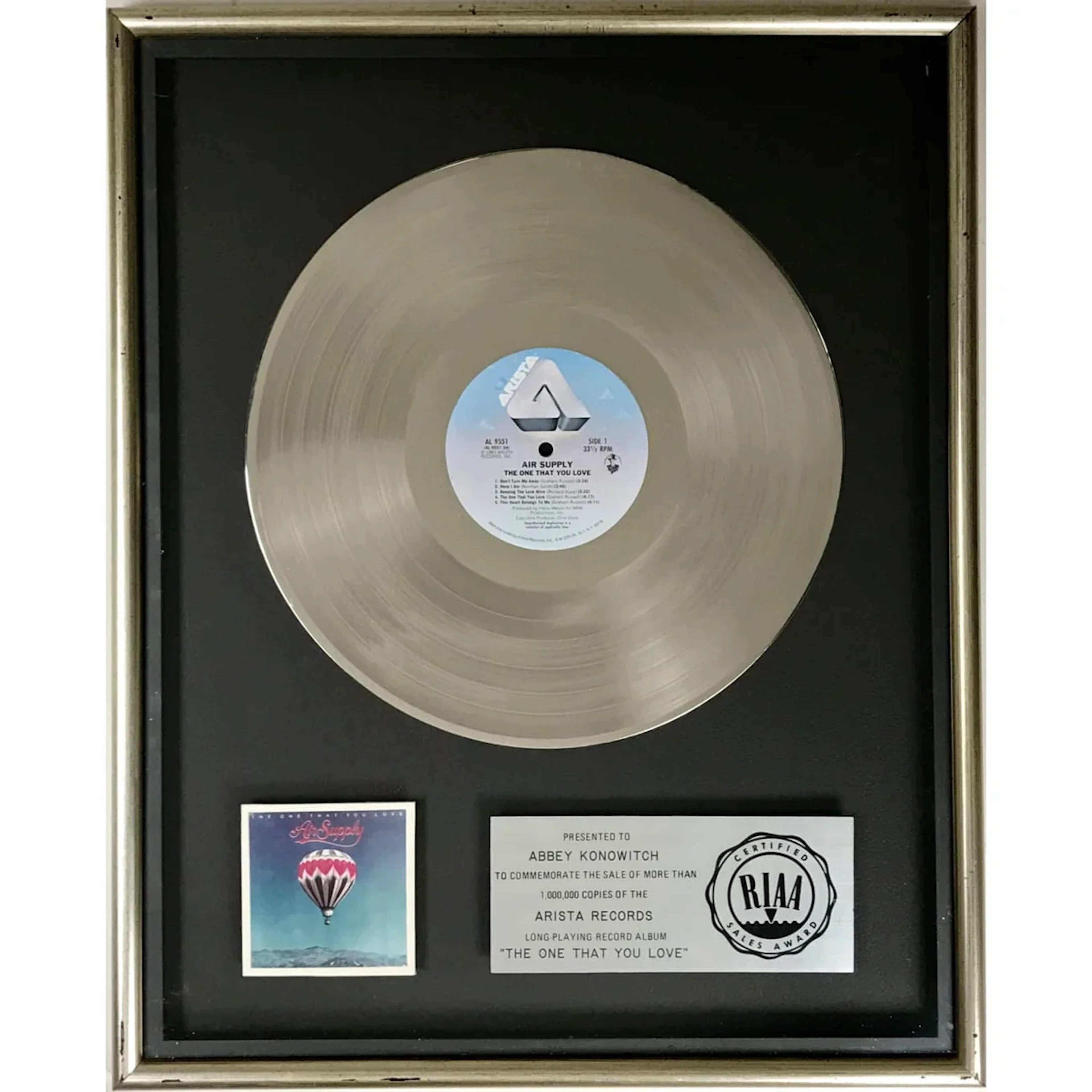 Air Supply The One That You Love RIAA Platinum Album Award