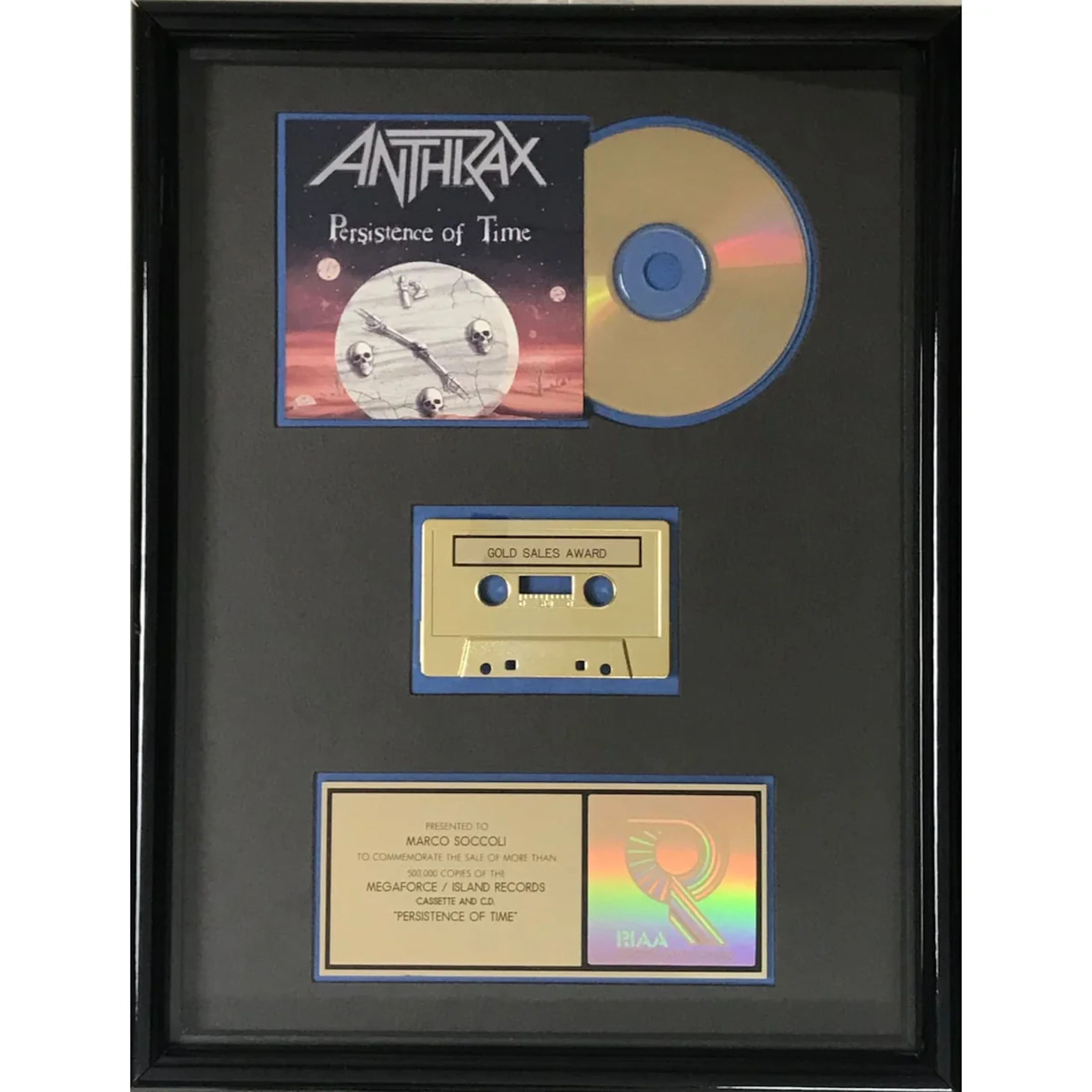Anthrax Persistence Of Time RIAA Gold Album Award