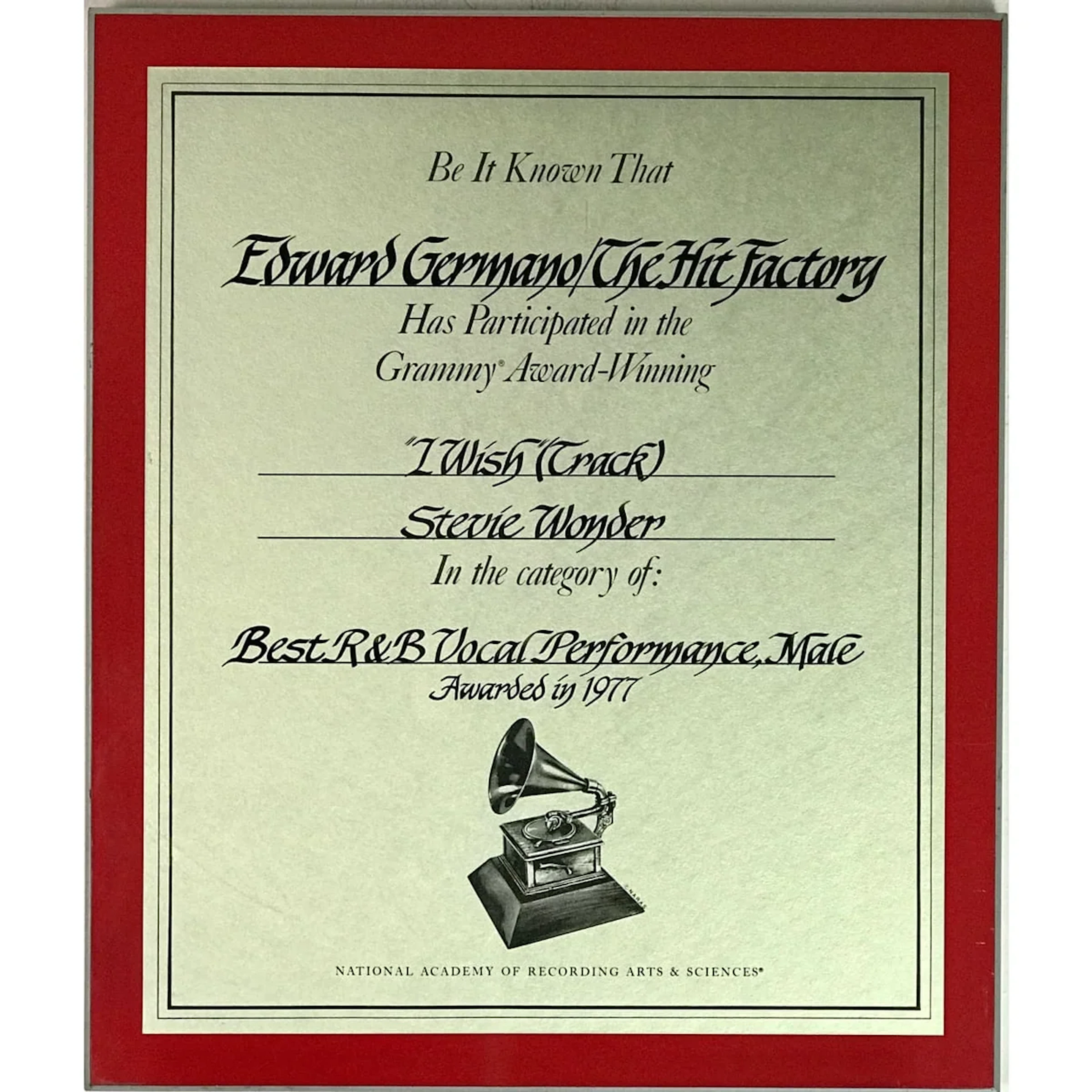 Stevie Wonder "I Wish" 1977 Grammy Win Studio Plaque - RARE