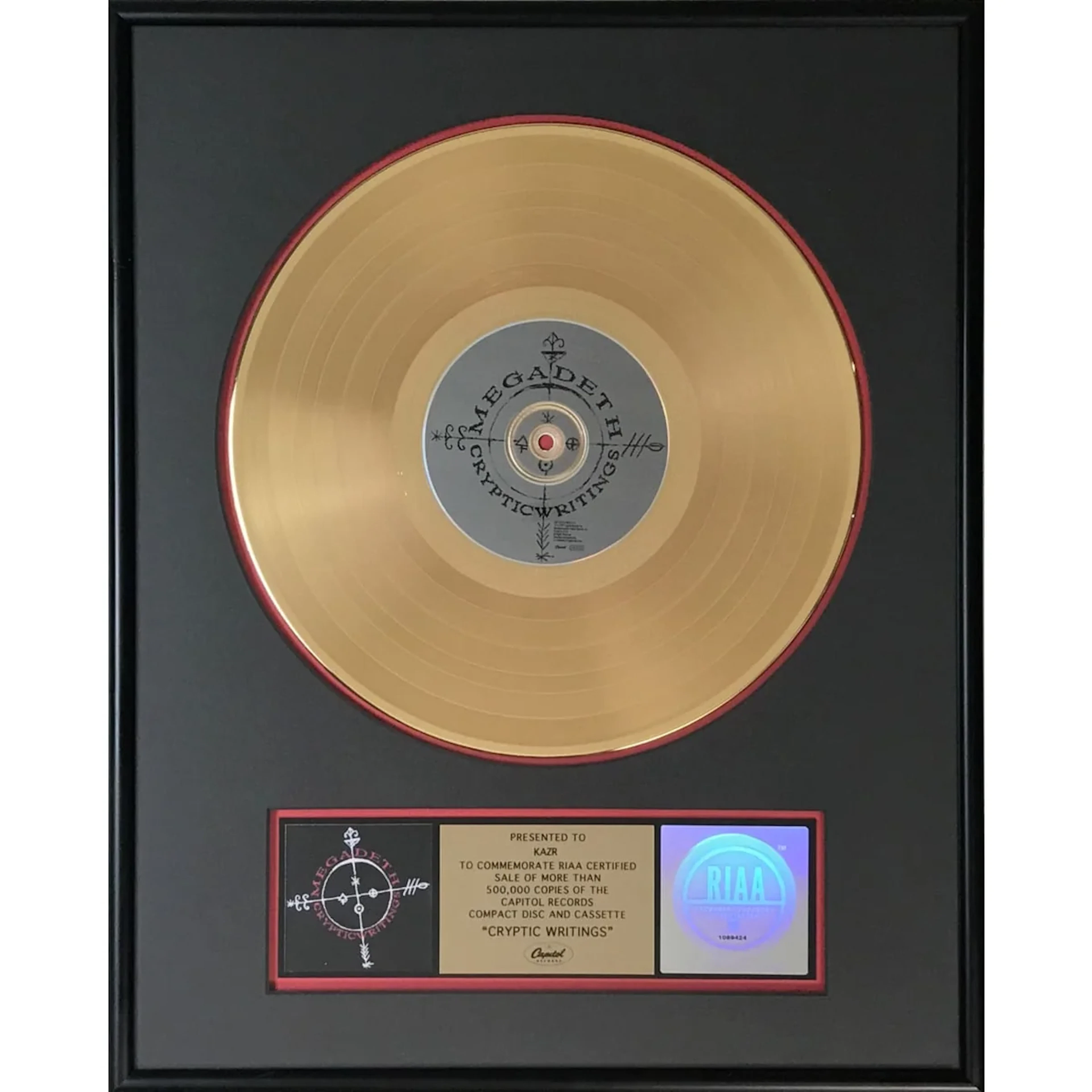 Megadeth Cryptic Writings RIAA Gold Album Award