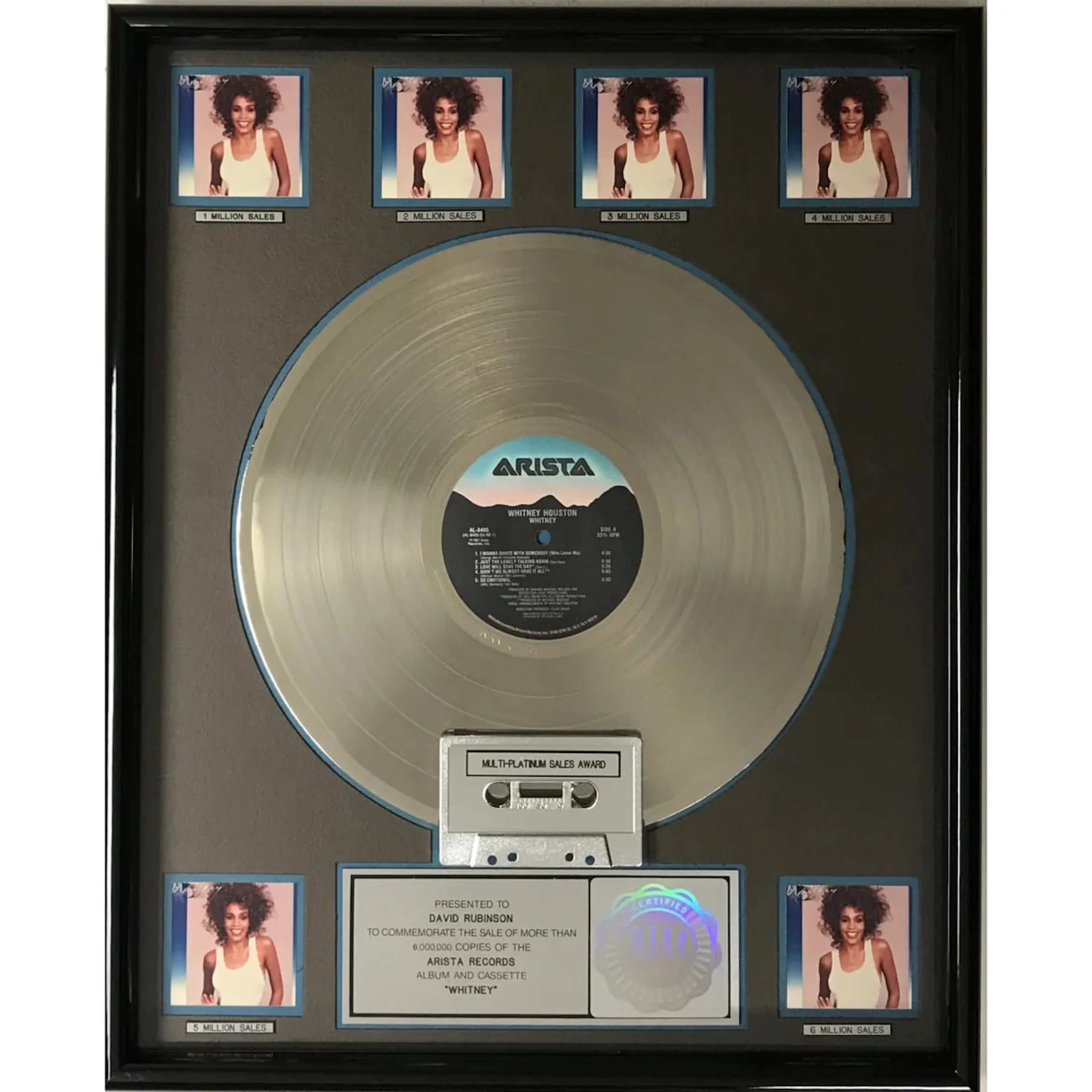 Whitney Houston 2nd album Whitney RIAA 6x Multi-Platinum Album Award