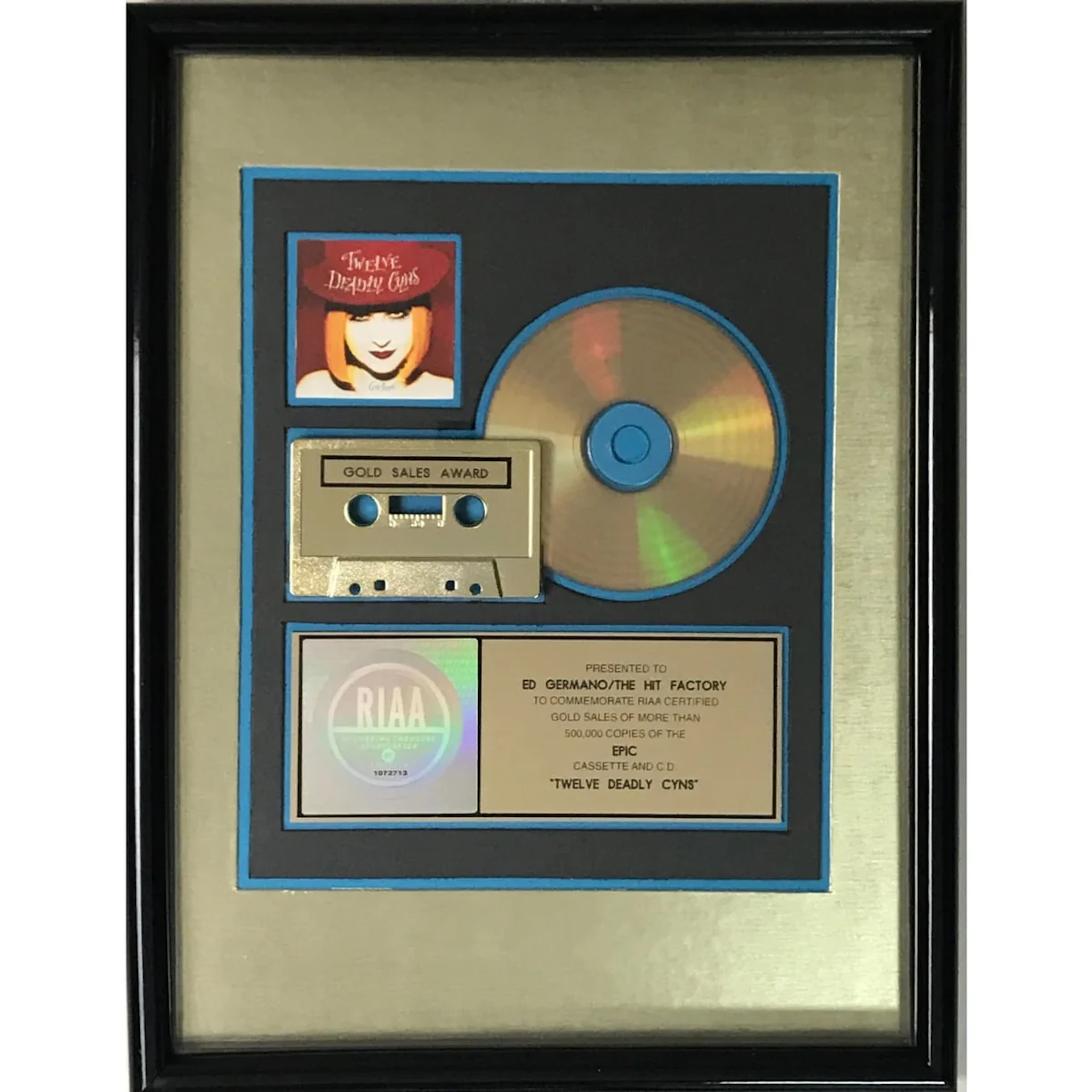 Cyndi Lauper Twelve Deadly Cyns RIAA Gold Album Award