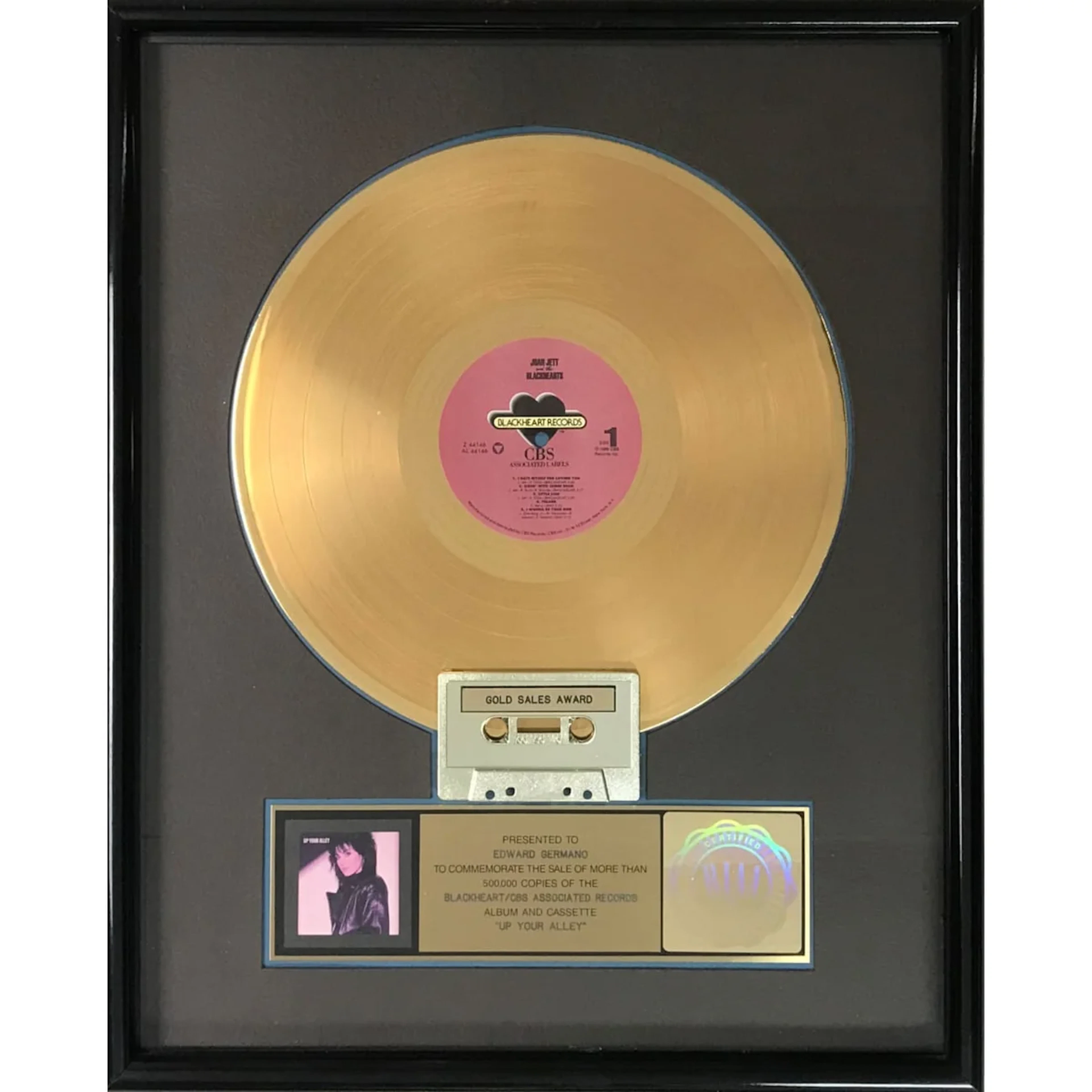 Joan Jett Up Your Alley RIAA Gold Album Award
