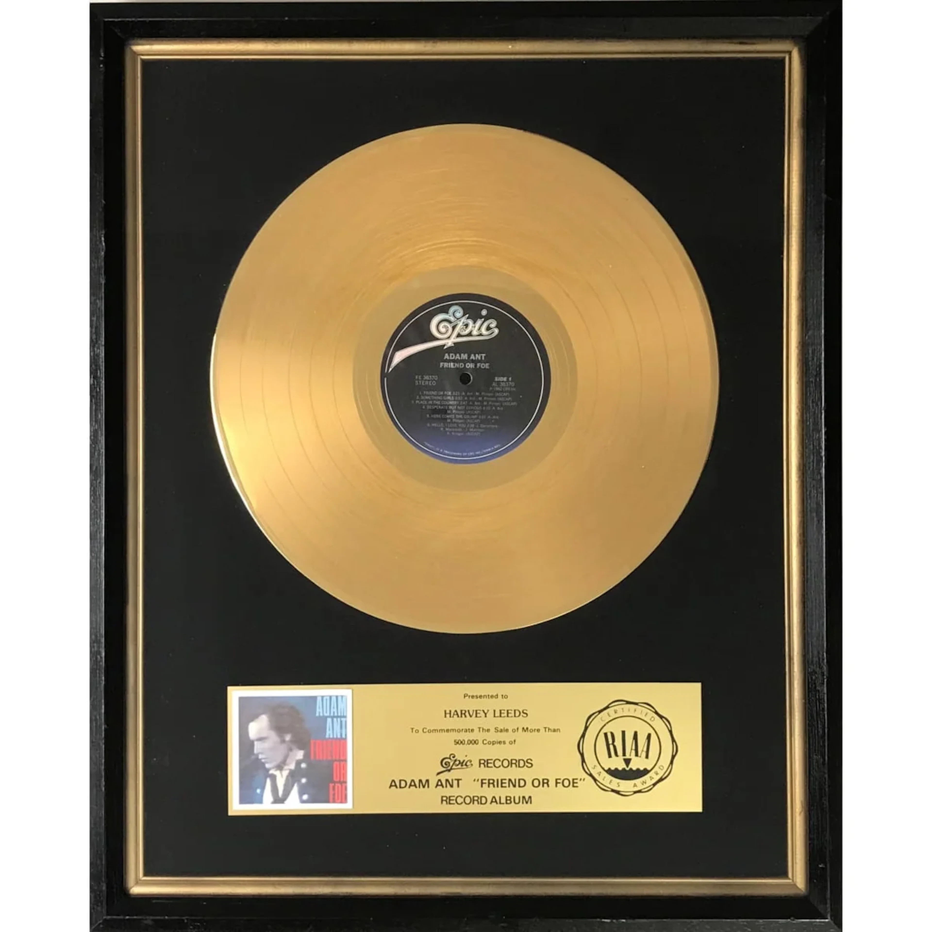 Adam Ant Friend Or Foe RIAA Gold LP Award