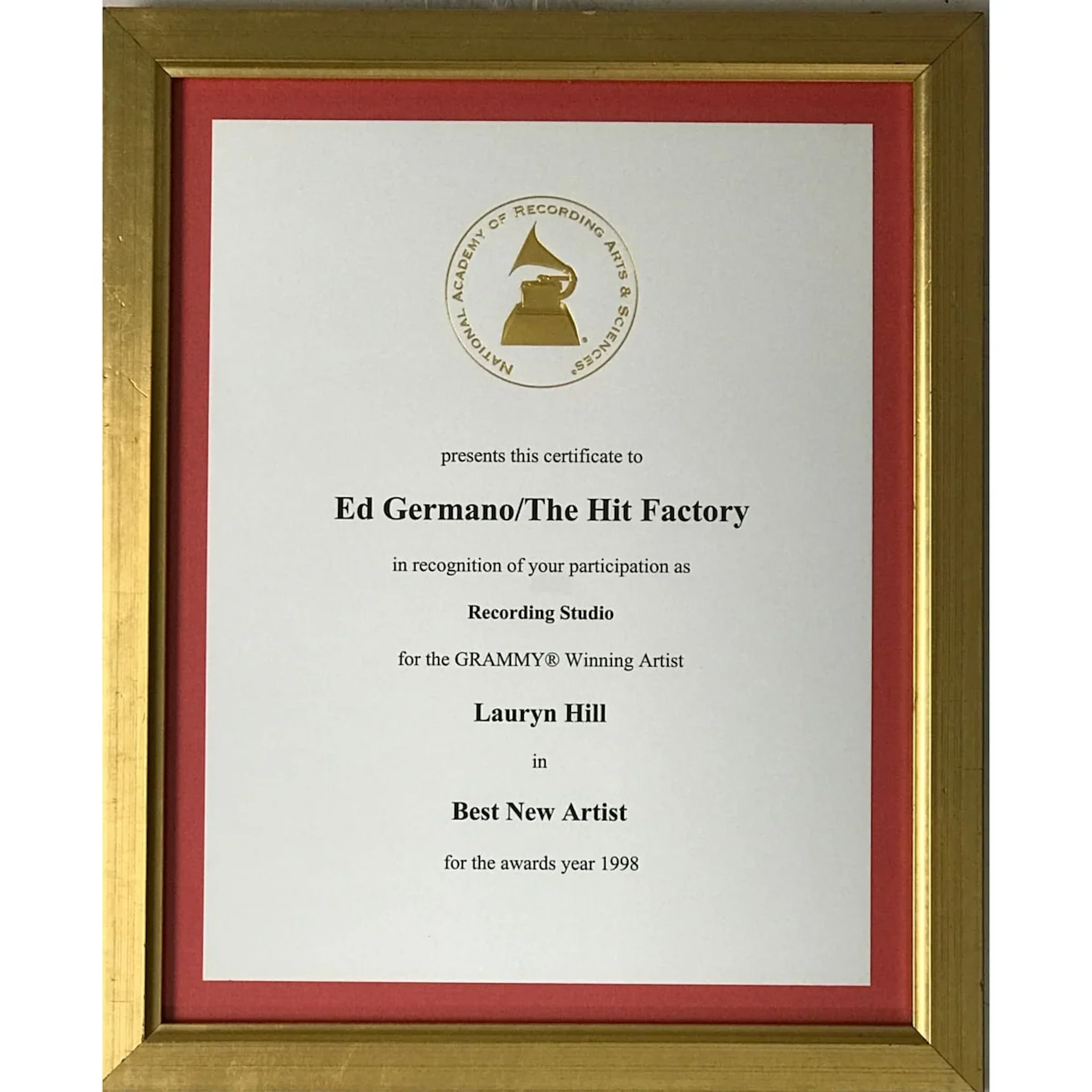 Lauryn Hill 1998 Best New Artist Grammy Win Studio Plaque - RARE