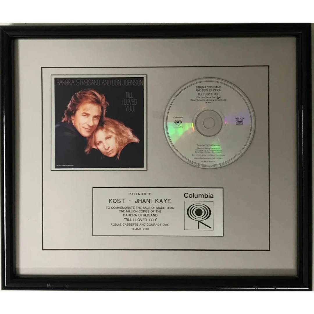 Barbra Streisand & Don Johnson "Till I Loved You" Columbia Records award