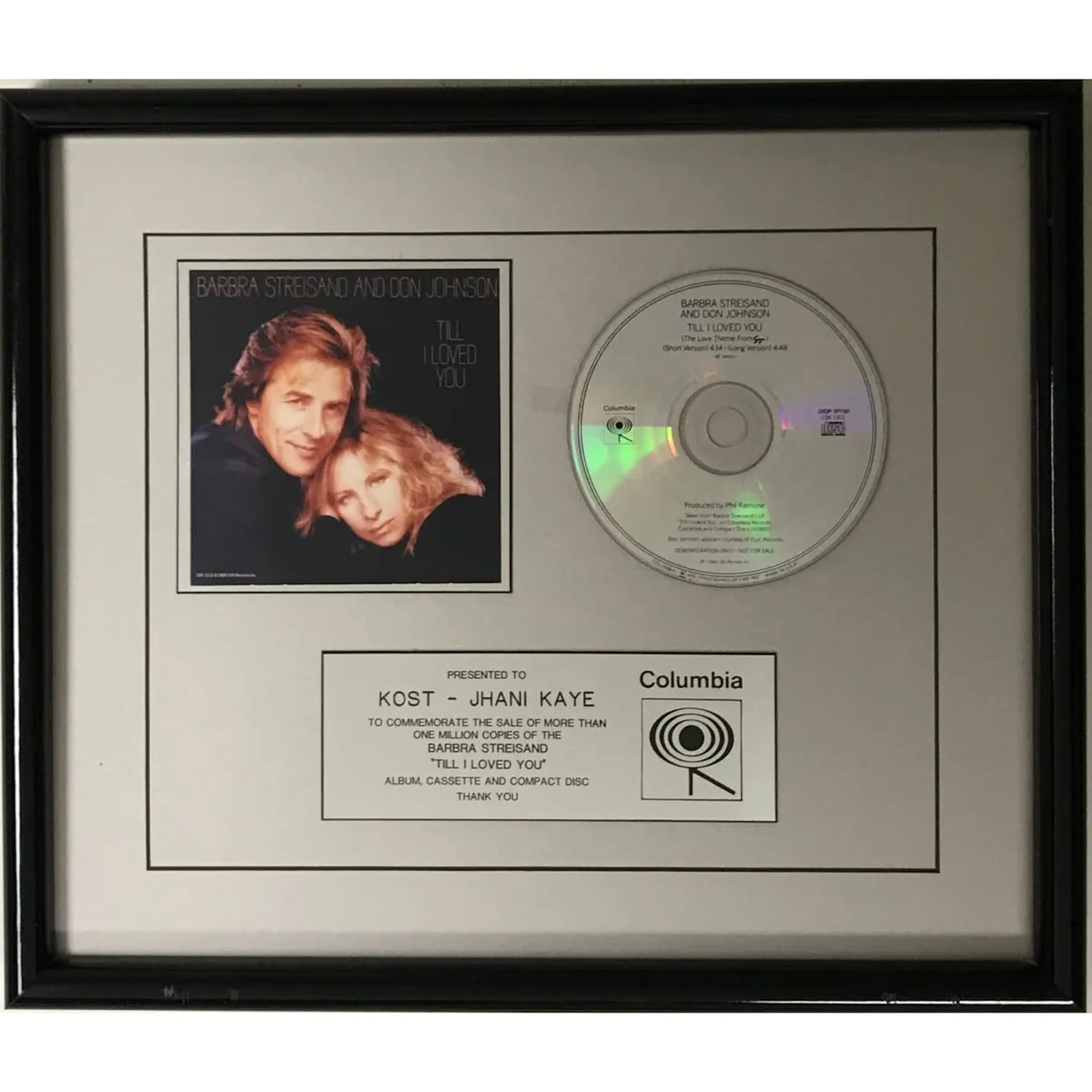Barbra Streisand & Don Johnson "Till I Loved You" Columbia Records award