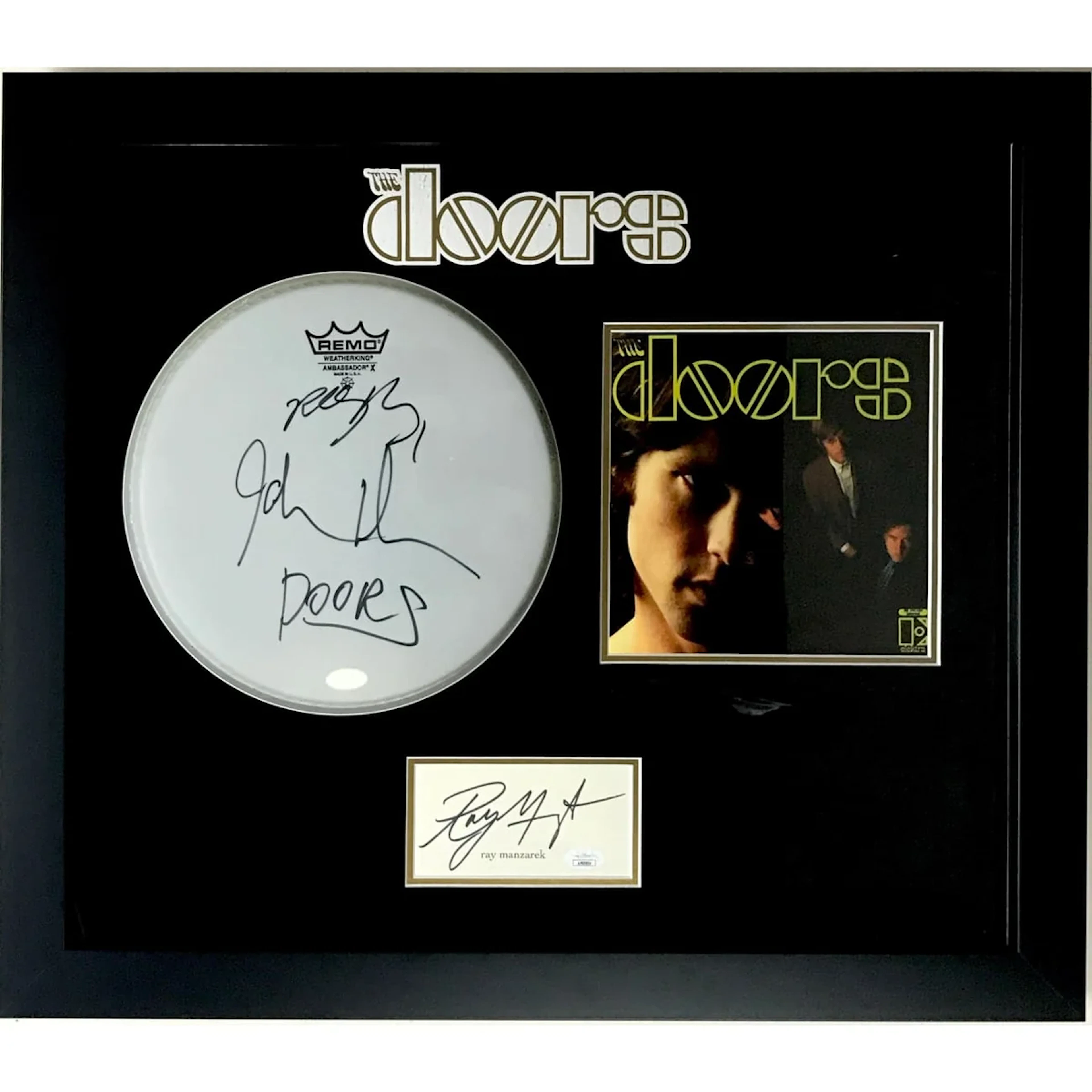 The Doors Drumhead Collage Signed by Densmore, Manzarek, Krieger w/JSA COAs
