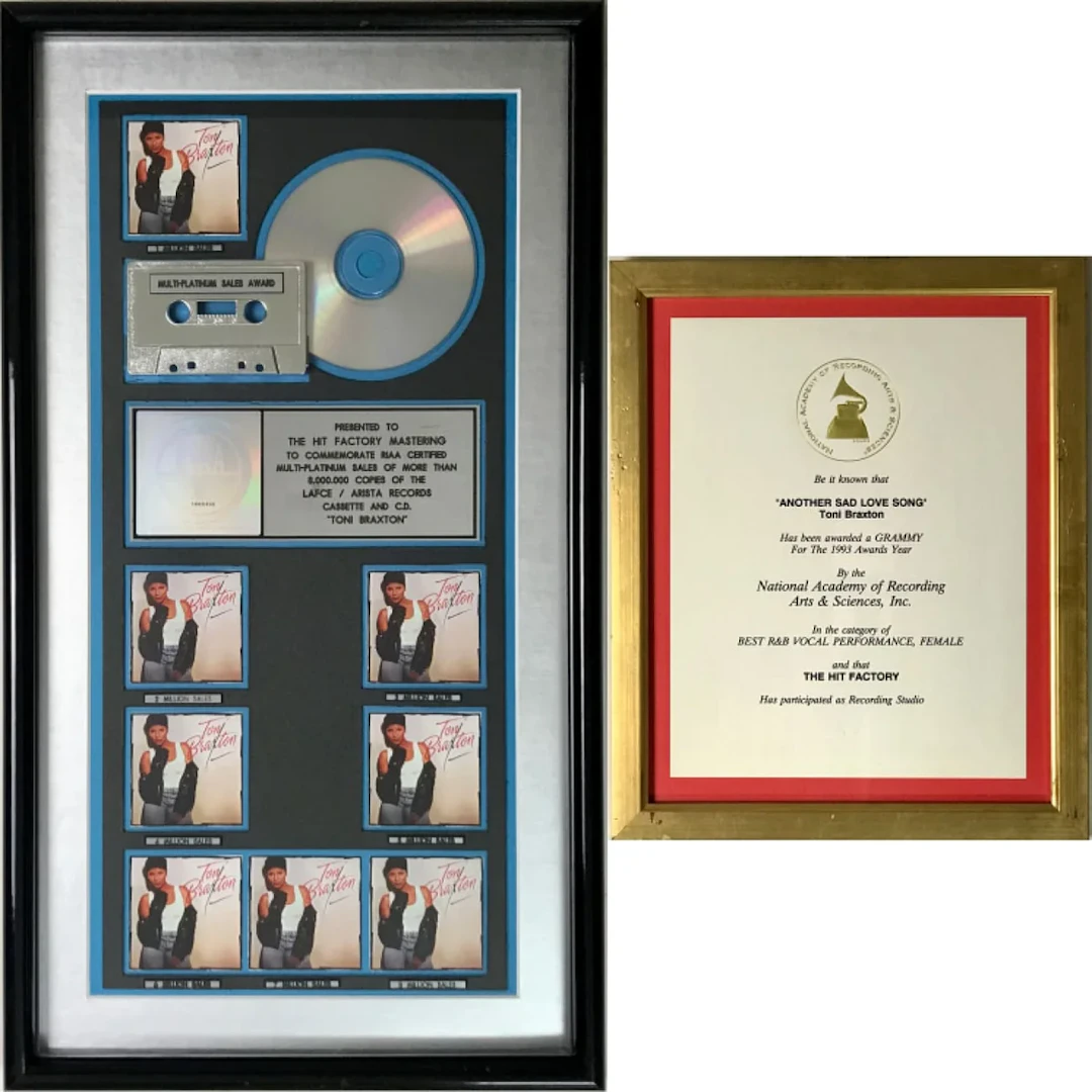 Toni Braxton debut RIAA 8x Multi-Platinum Album Award + Grammy Win Certificate