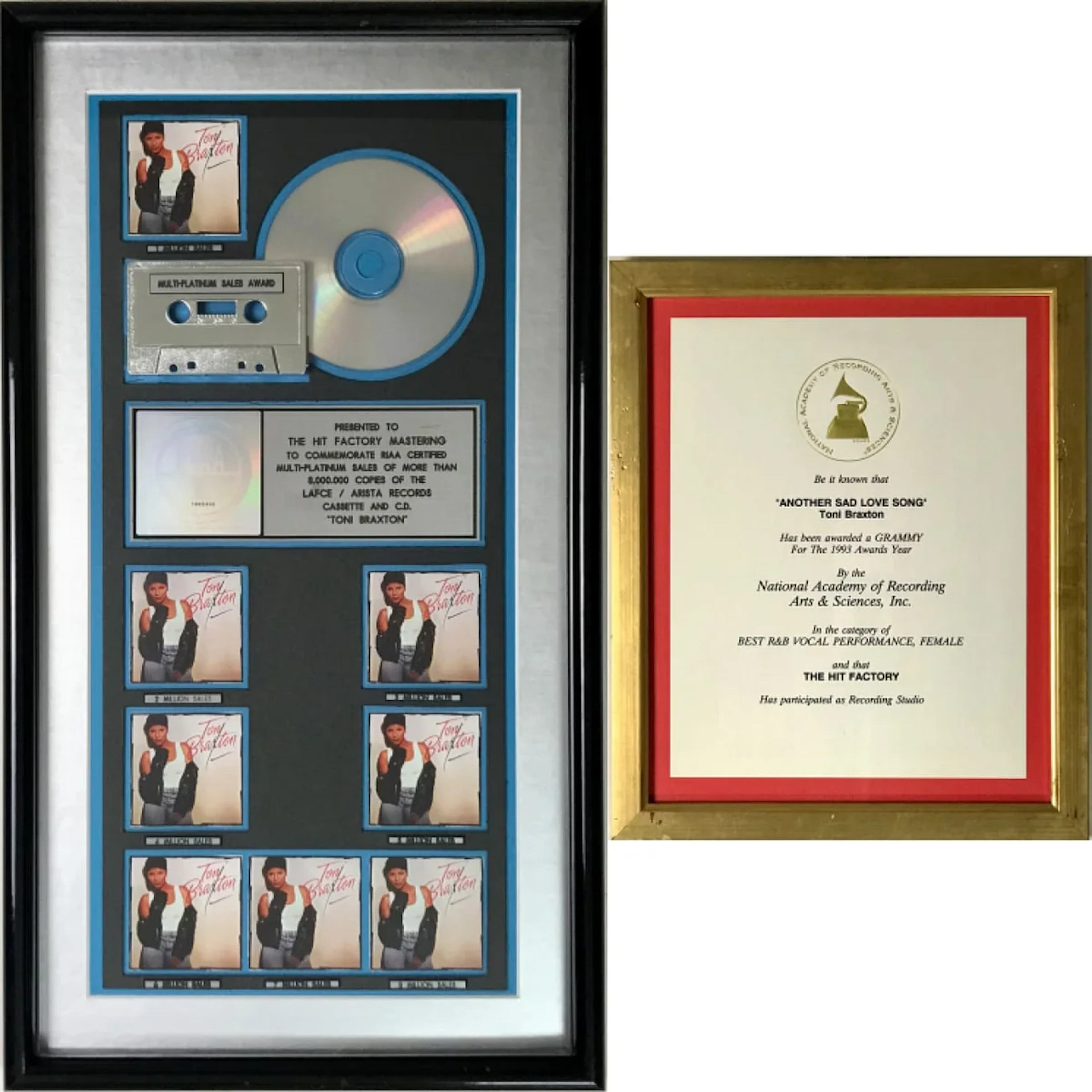 Toni Braxton debut RIAA 8x Multi-Platinum Album Award + Grammy Win Certificate