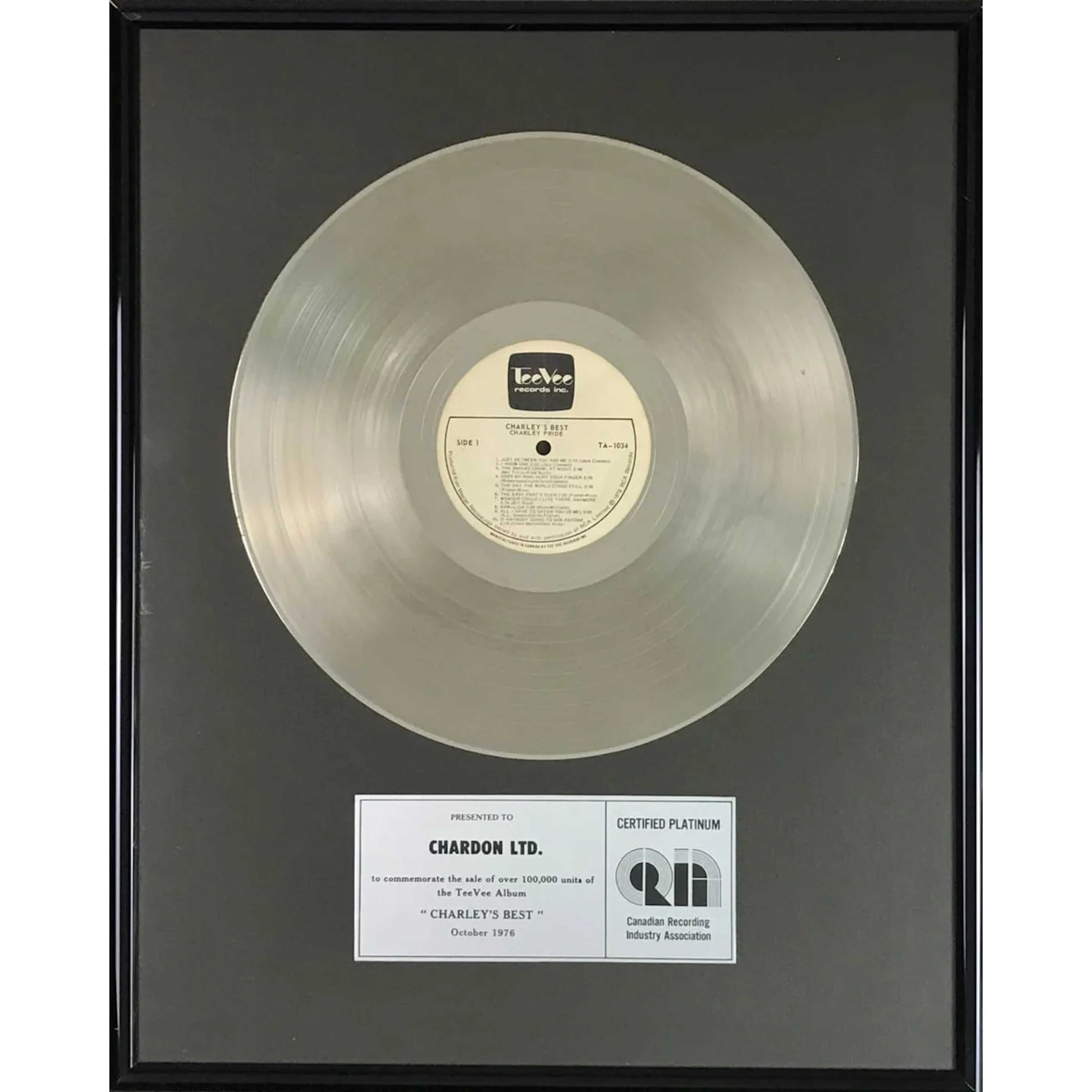 Charley Pride Charley's Best CRIA Platinum Album Award