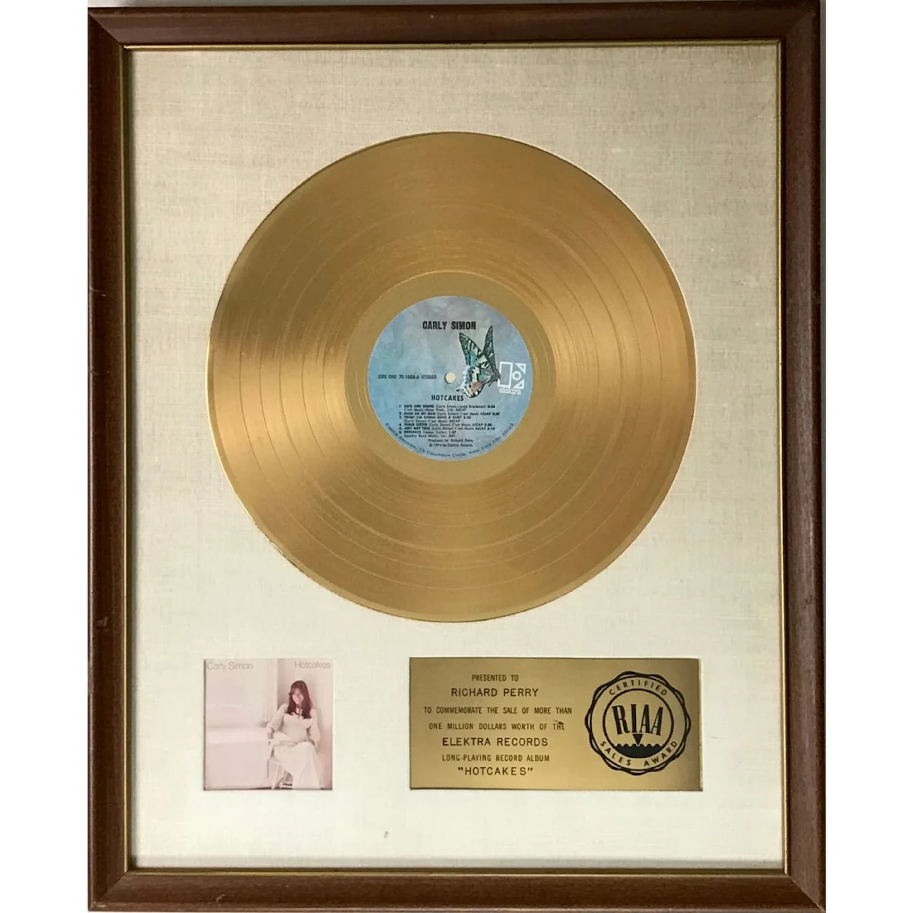Carly Simon Hotcakes RIAA Gold Album Award - RARE