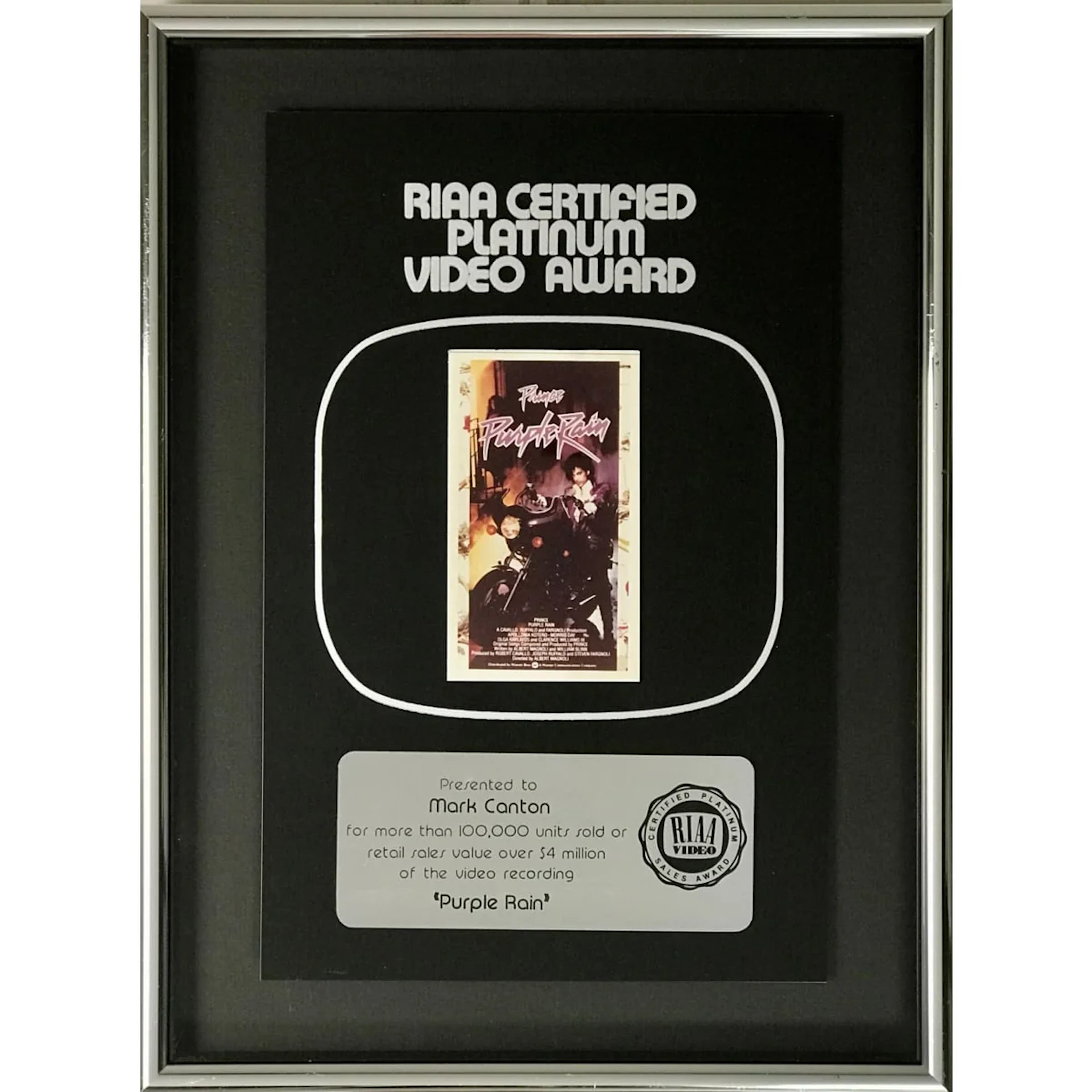 Prince Purple Rain RIAA Platinum Video Award