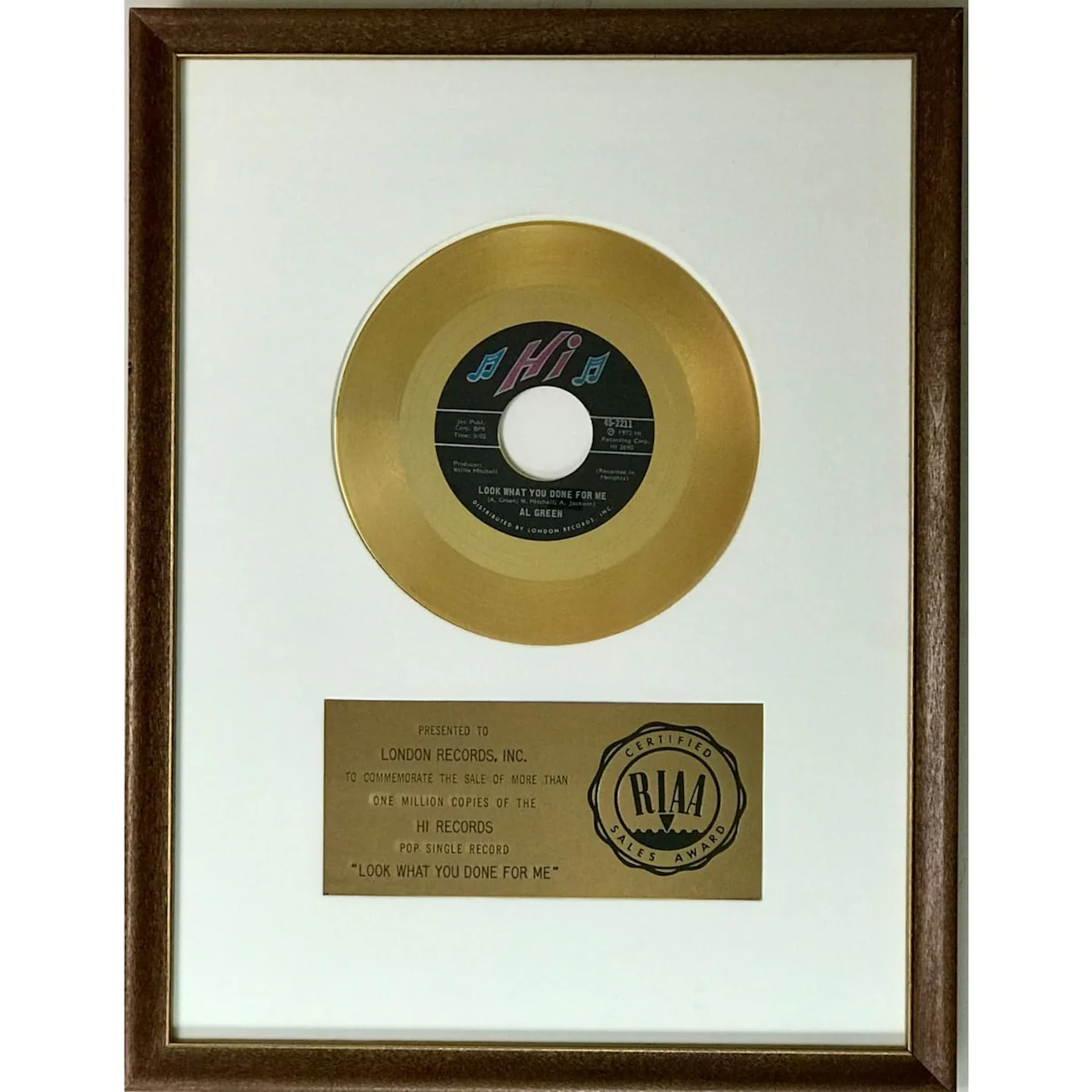 Al Green "Look What You Done For Me" RIAA Gold Single 45 Award - RARE