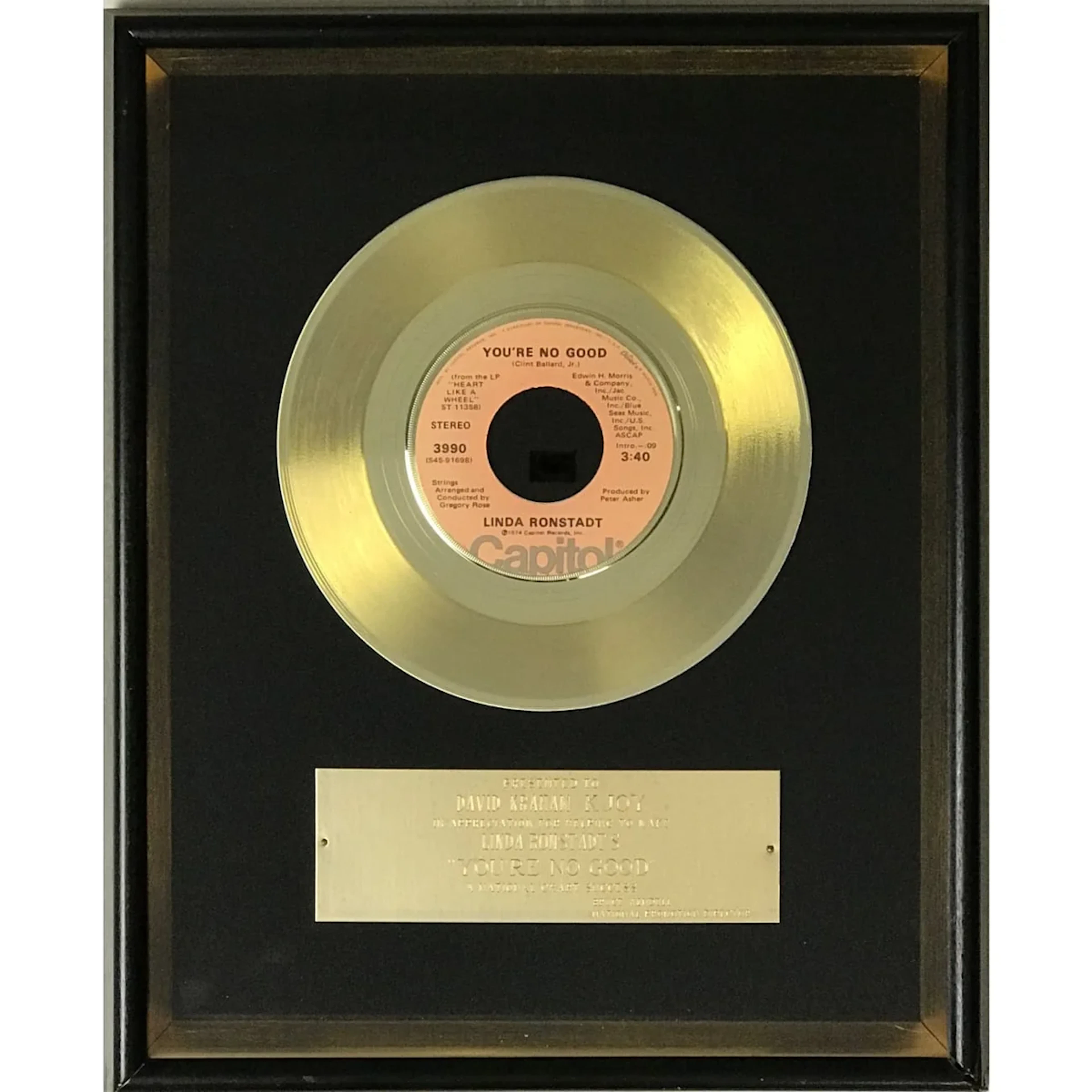 Linda Ronstadt "You're No Good" 1974 Capitol Records Award