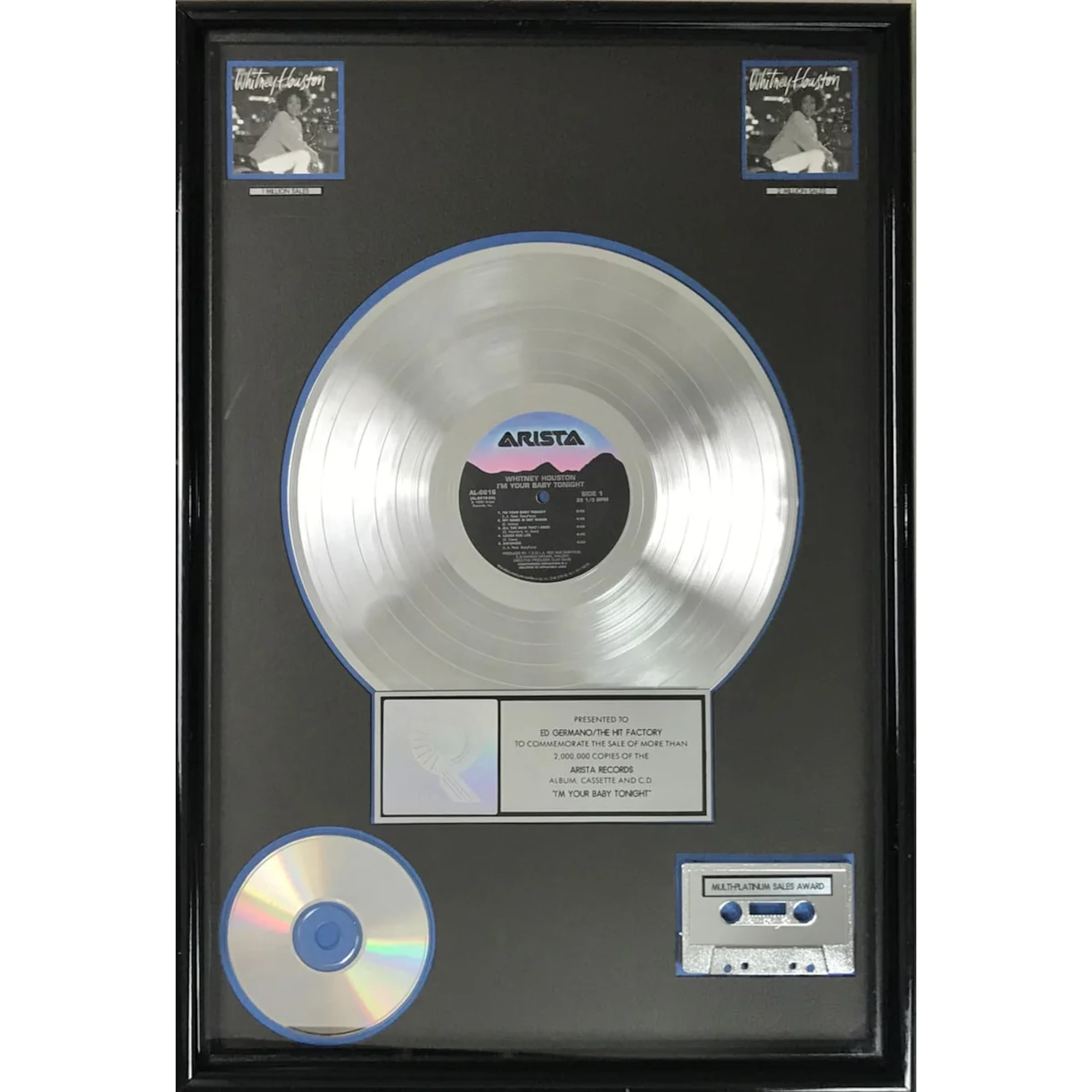 Whitney Houston I'm Your Baby Tonight RIAA 2x Multi-Platinum Album Award