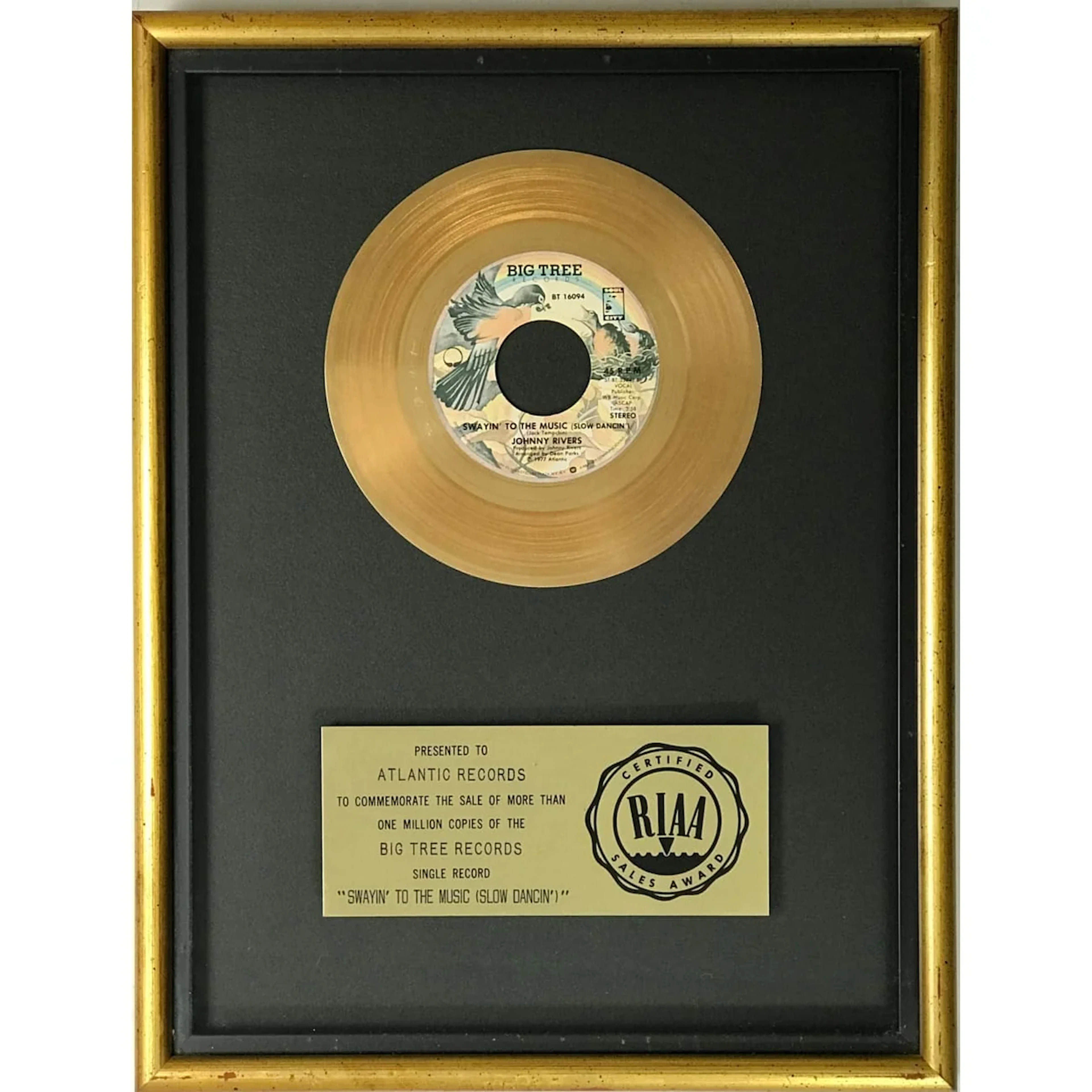 Johnny Rivers "Swayin' to the Music (Slow Dancin')" RIAA Gold Single Award