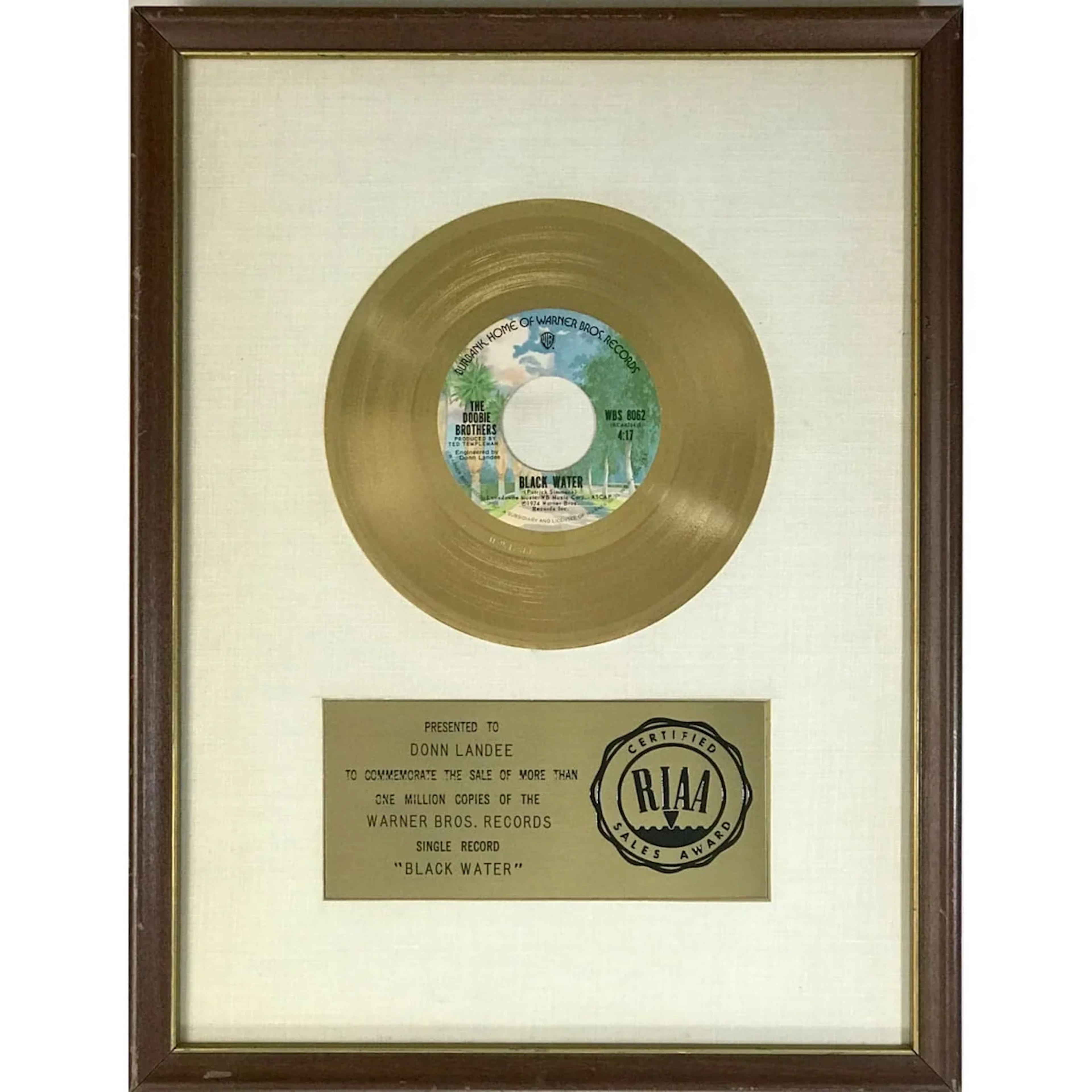 The Doobie Brothers "Black Water" RIAA Gold 45 Award - RARE