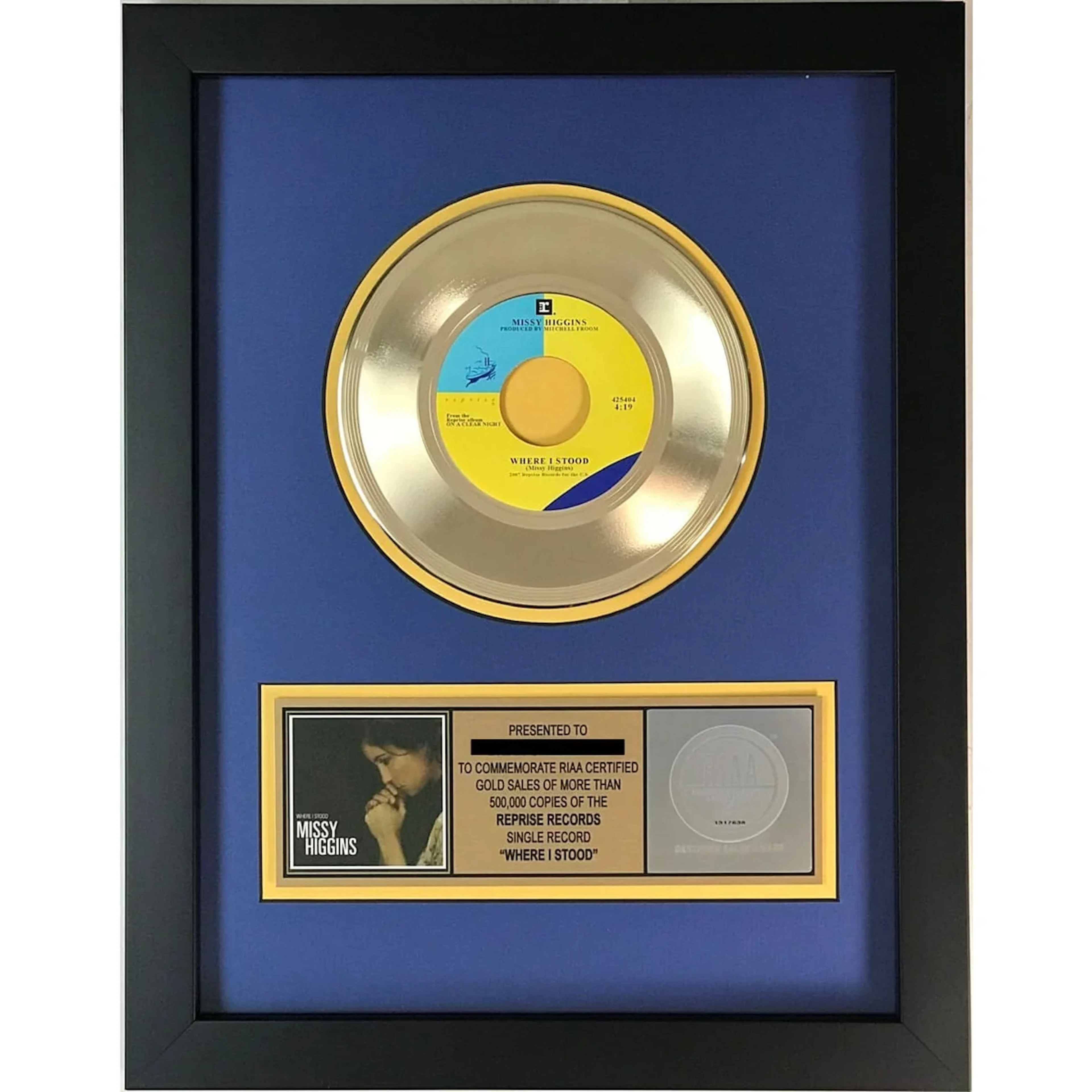 Missy Higgins "Where I Stood" RIAA Gold Single Award