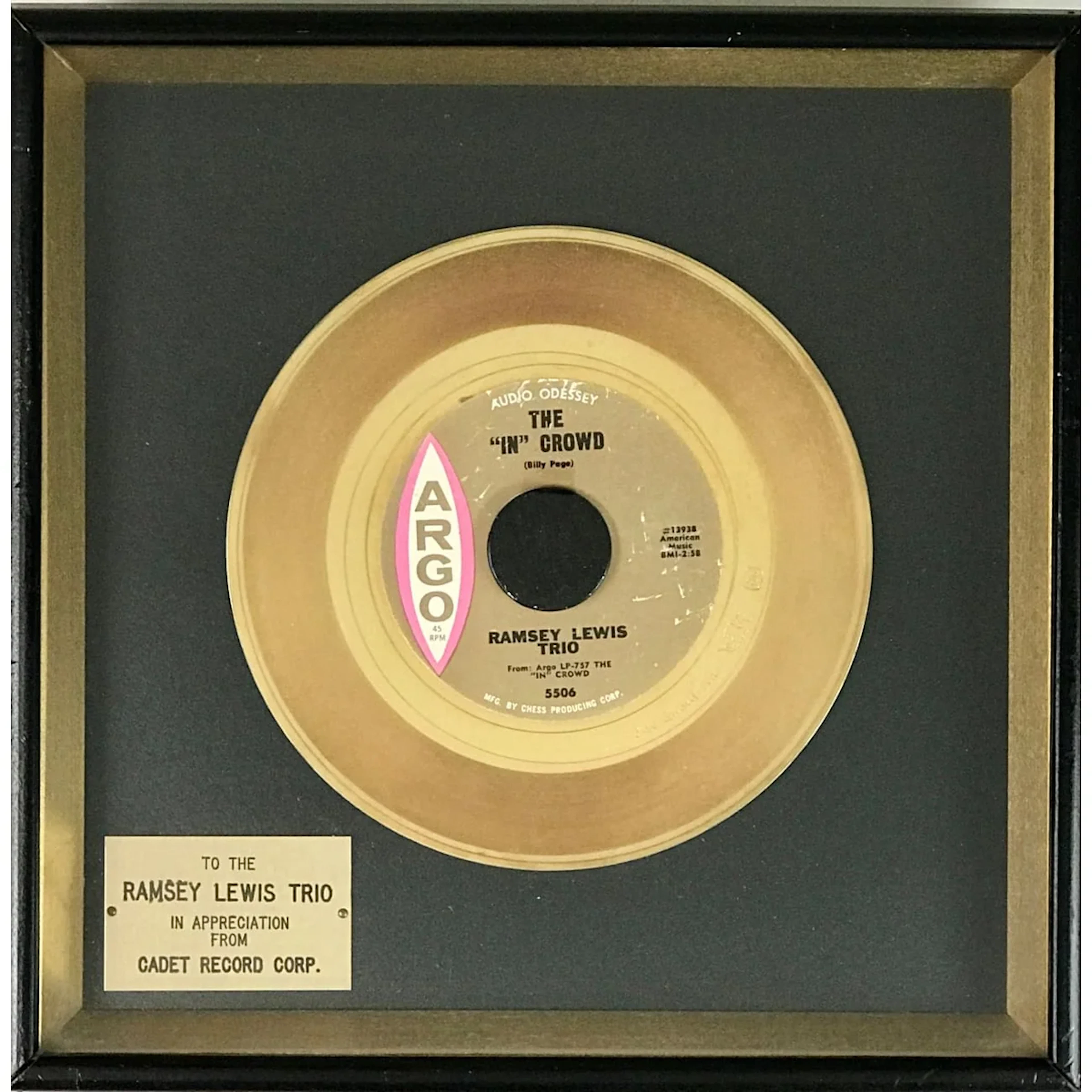Ramsey Lewis Trio "The In Crowd" 1960s Disc Award Ltd presented to
