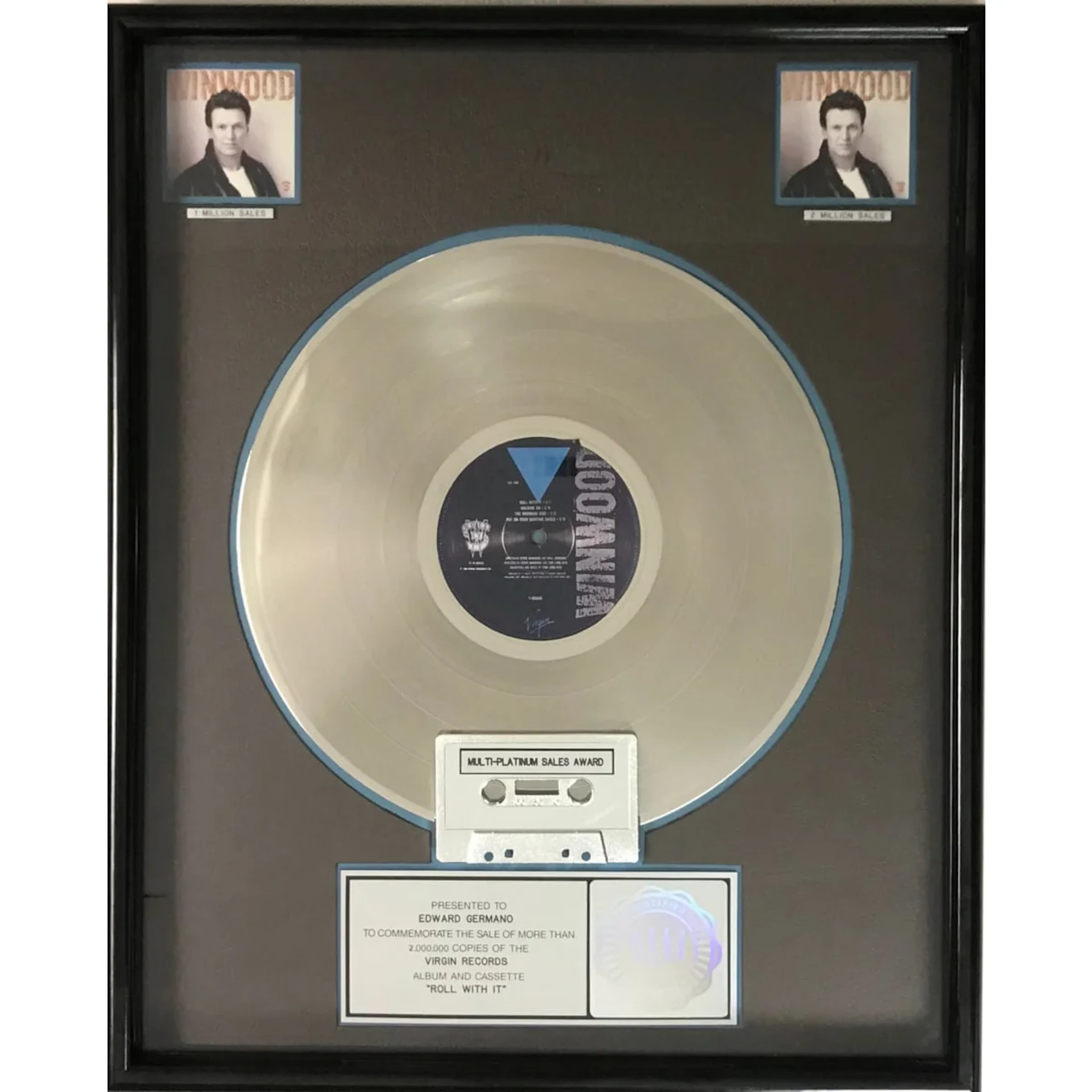 Steve Winwood Roll With It RIAA 2x Multi-Platinum Album Award