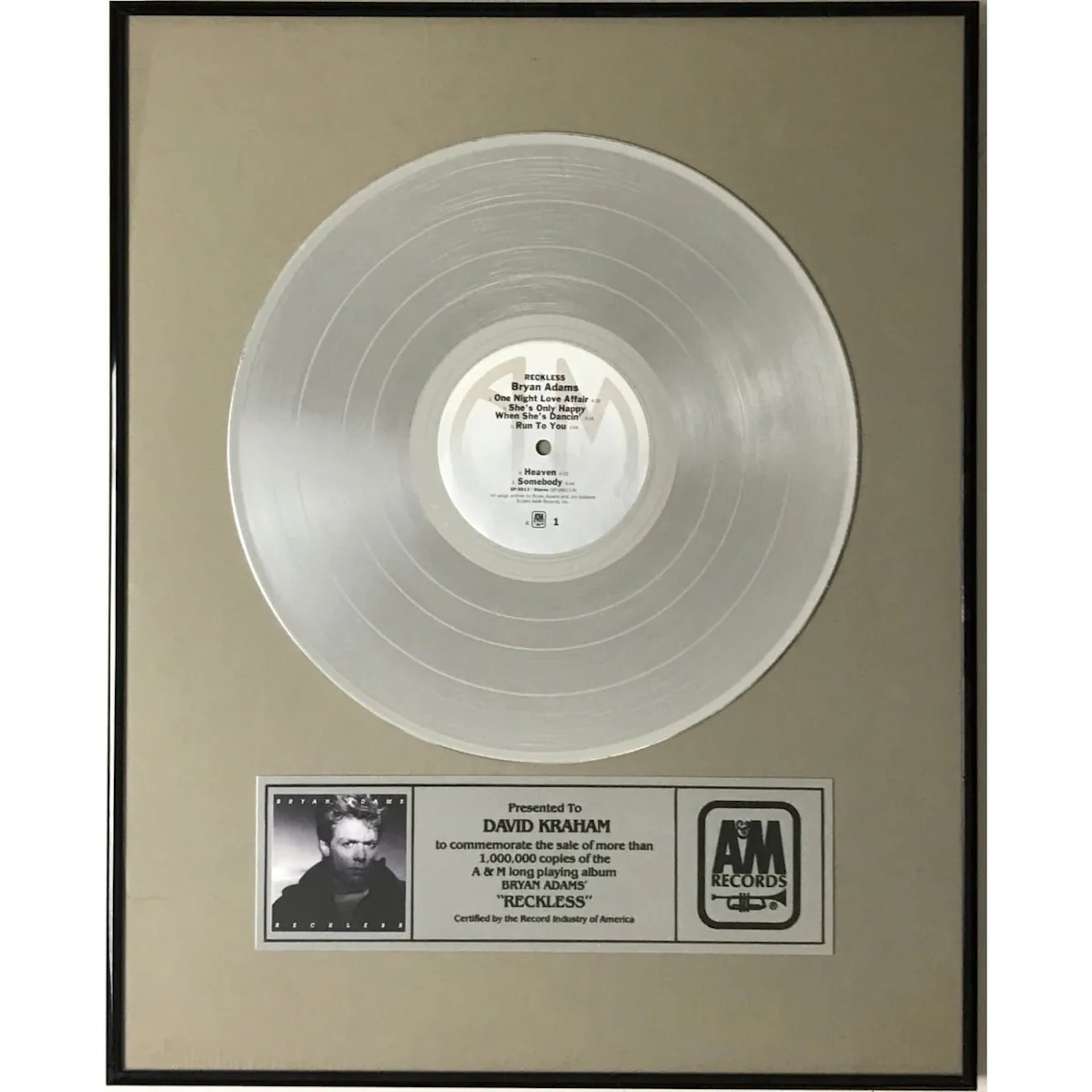 Bryan Adams Reckless A&M Records Award