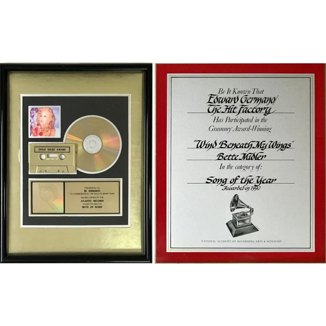 Bette Midler Bette Of Roses RIAA Gold Album Award + "Wind Beneath
