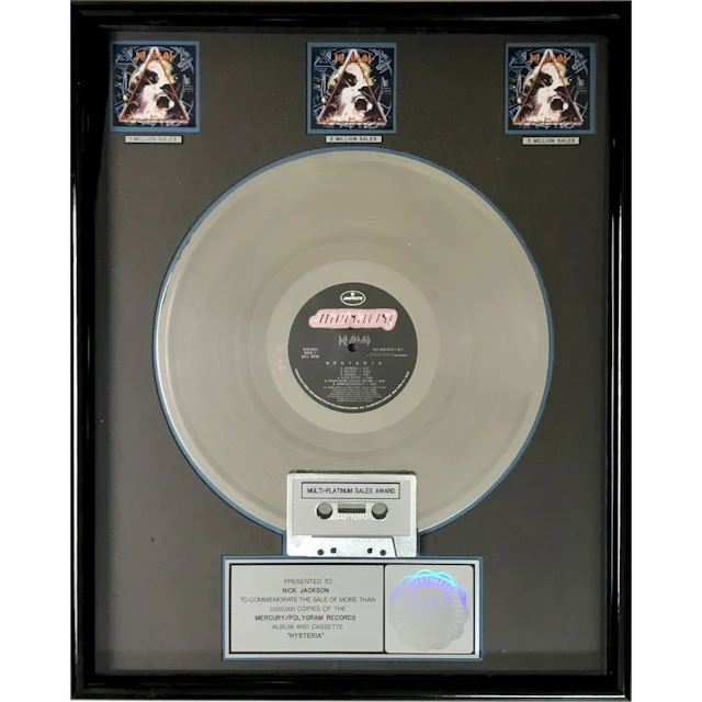 Def Leppard Hysteria RIAA 3x Multi-Platinum Album Award
