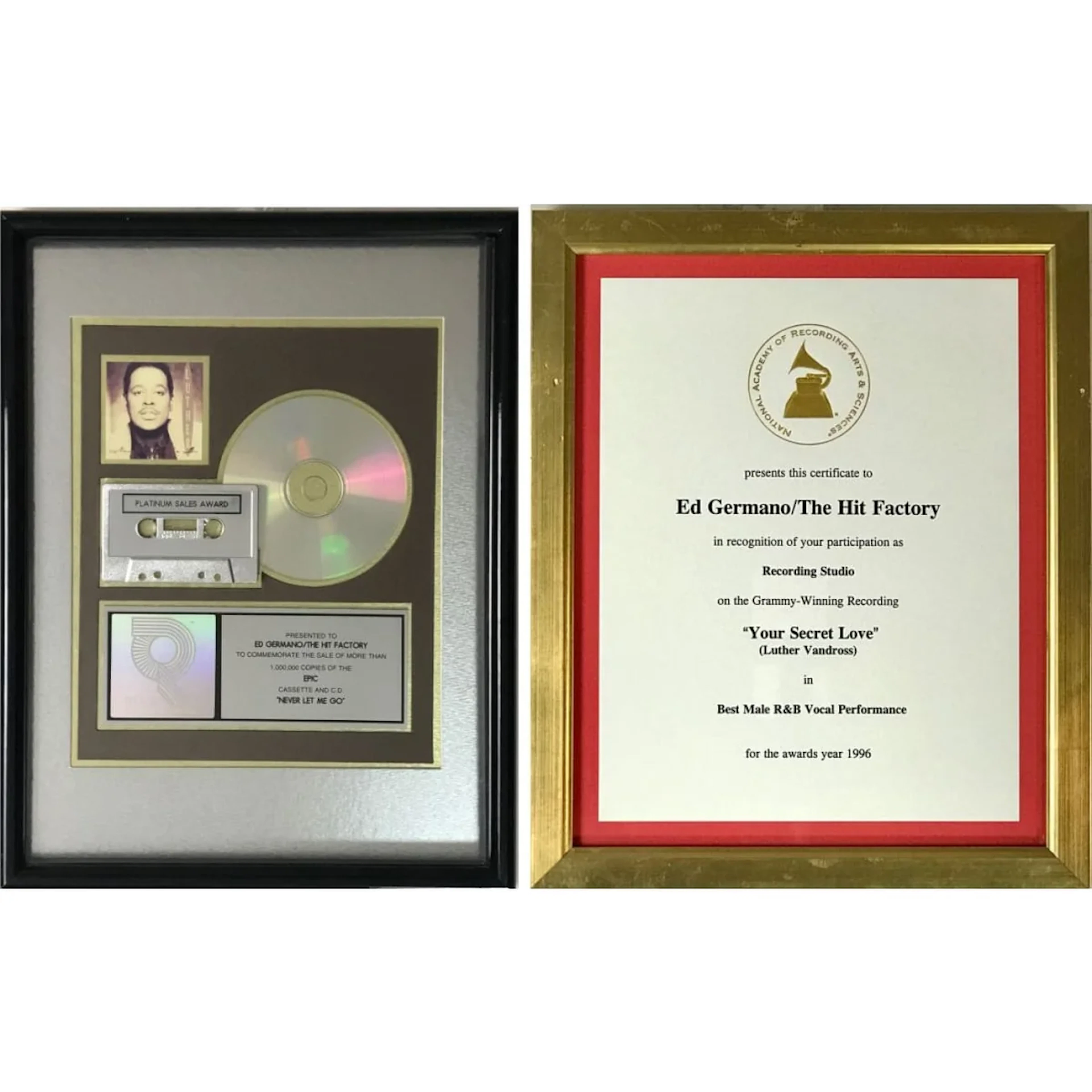 Luther Vandross Never Let Me Go RIAA Platinum Album Award + Grammy