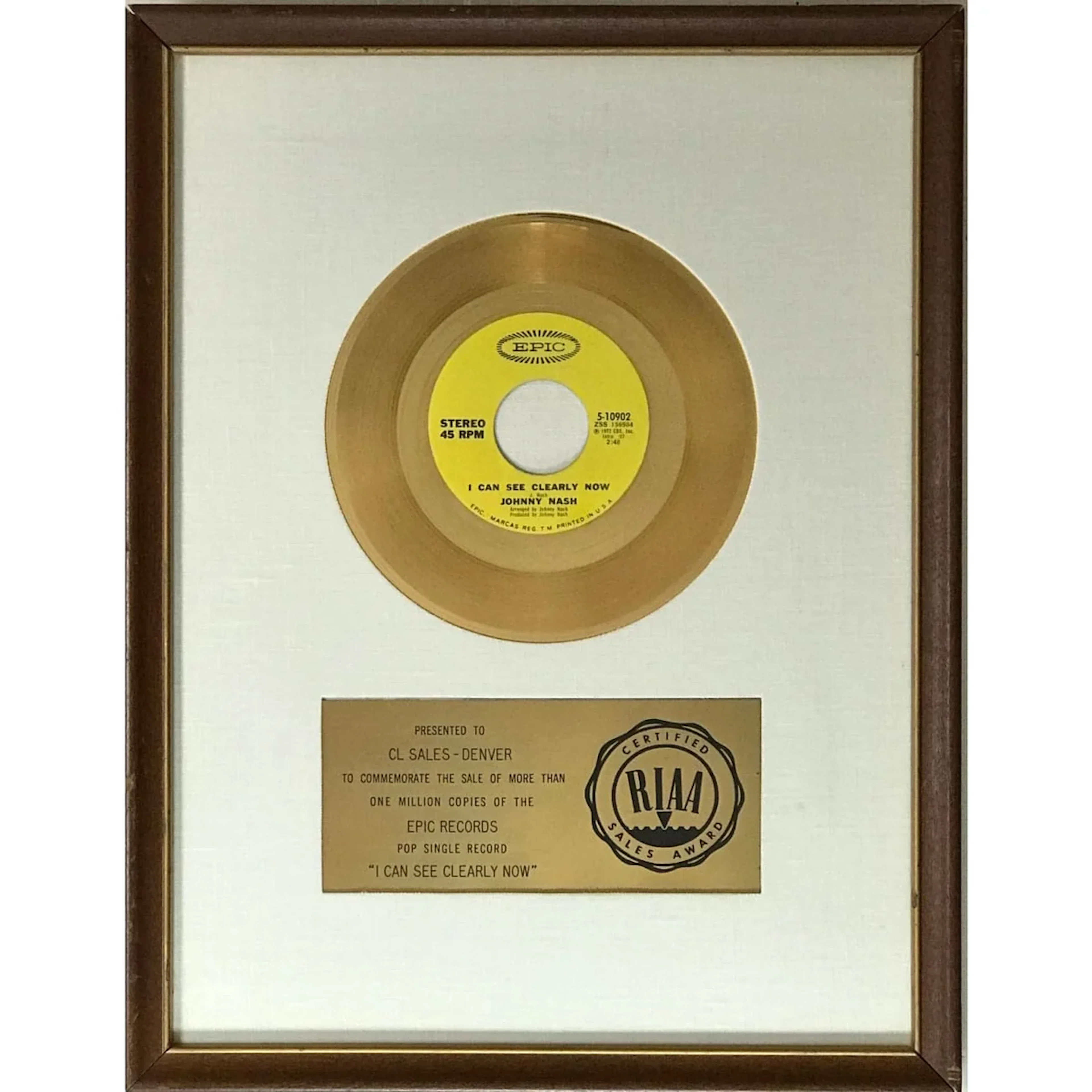Johnny Nash "I Can See Clearly Now" RIAA Gold Single 45 Award - RARE