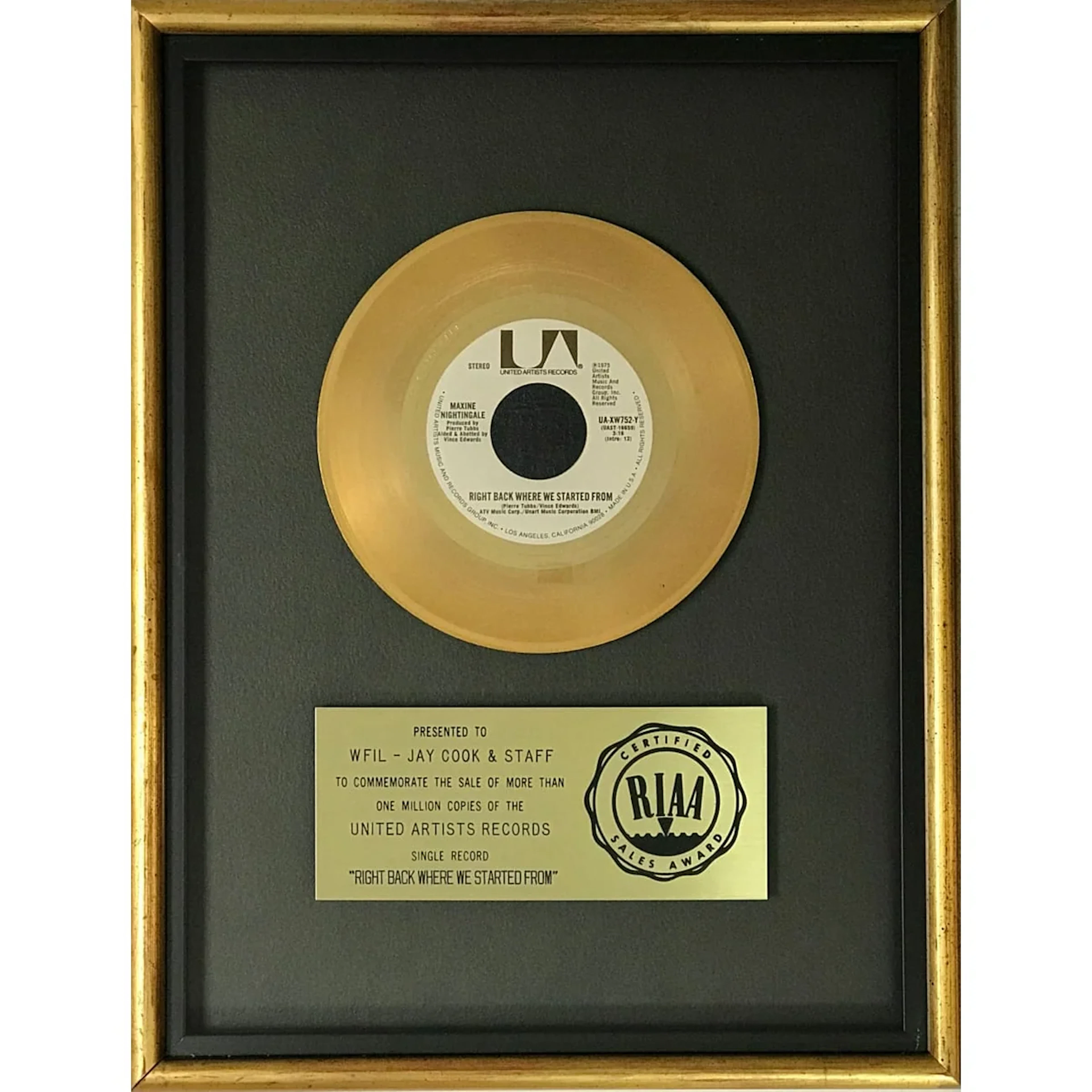 Maxine Nightingale "Right Back Where We Started From" RIAA Gold Single Award