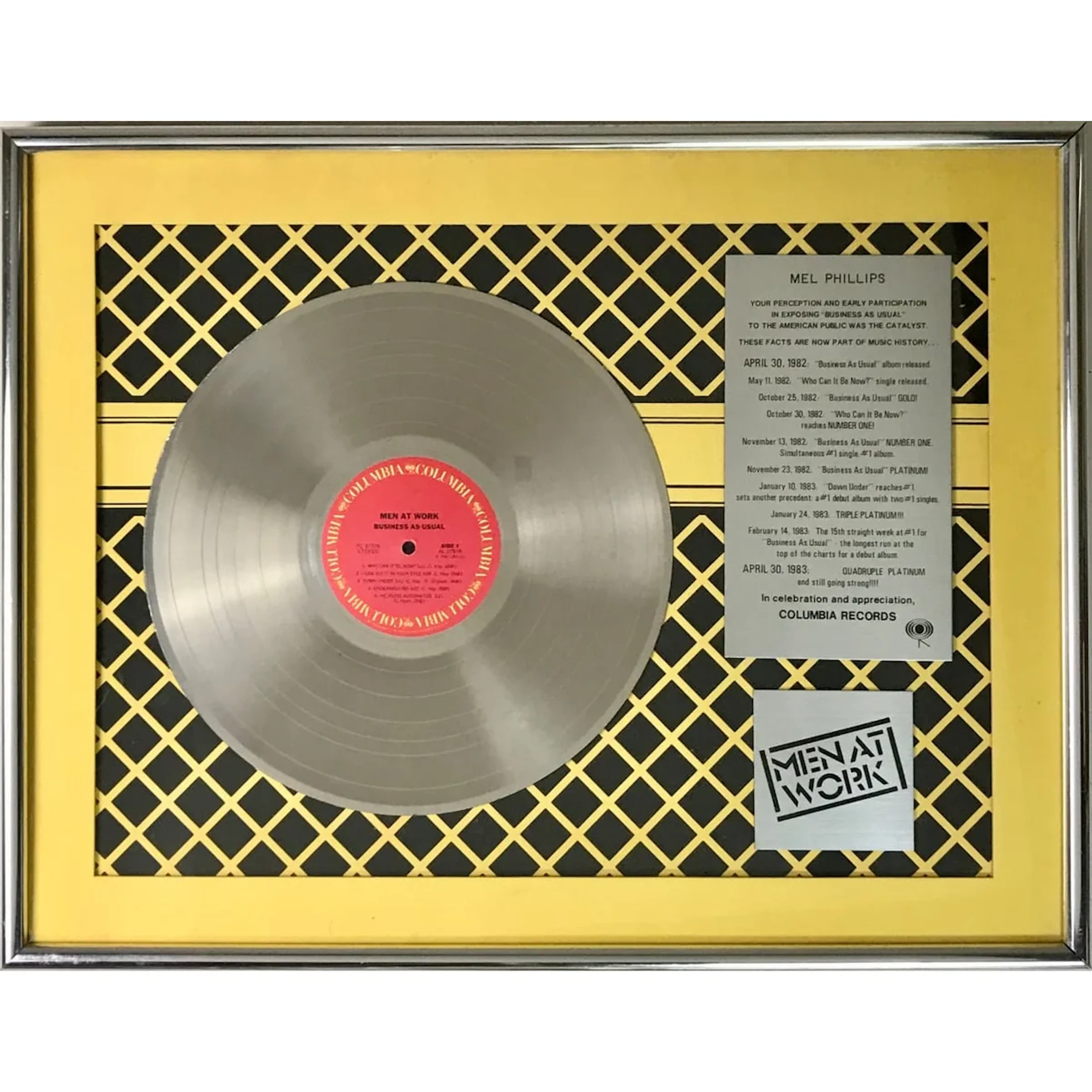 Men At Work Business As Usual Columbia Records Award