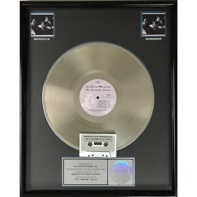 John Mellencamp The Lonesome Jubilee RIAA 2x Multi-Platinum Album Award