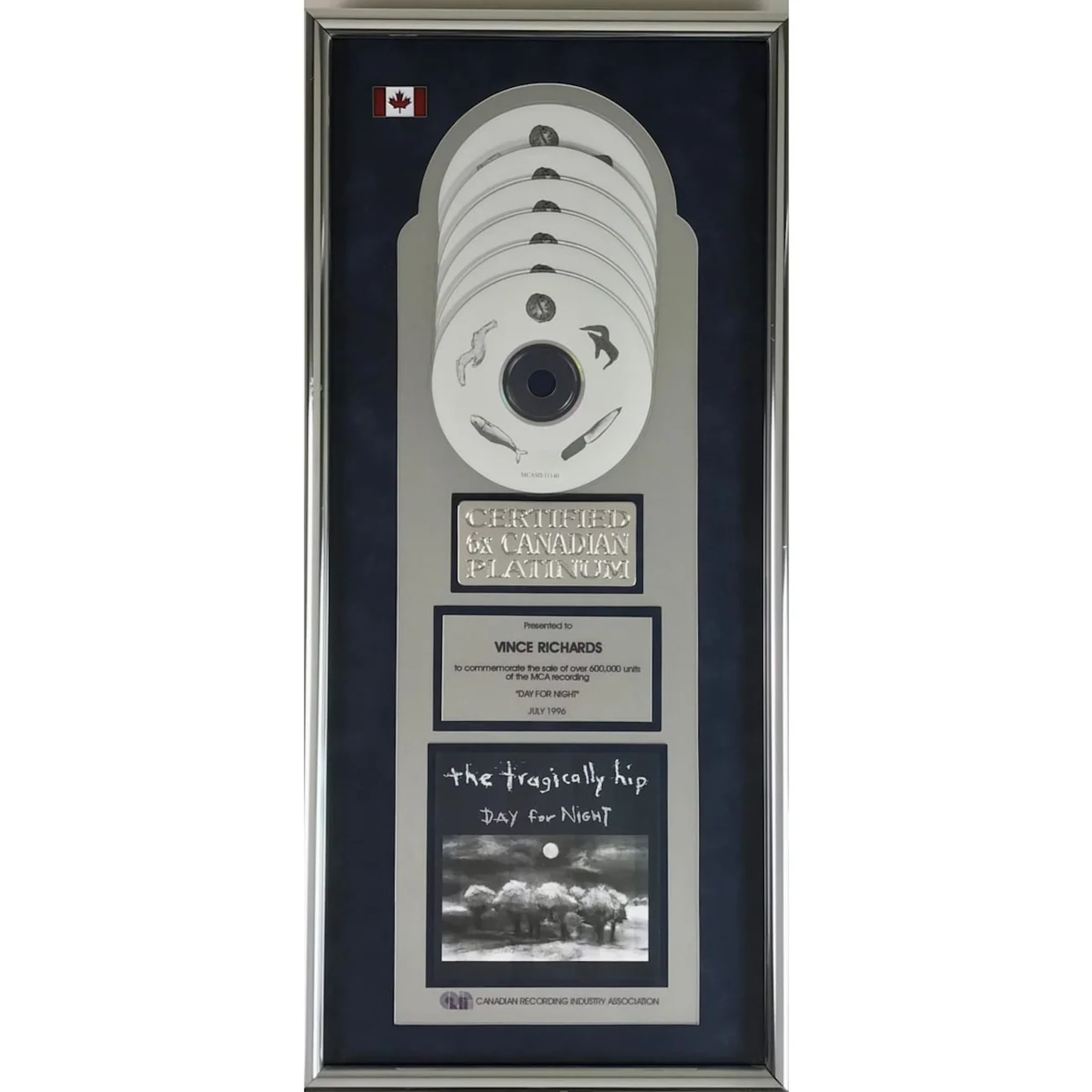 The Tragically Hip Day For Night CRIA 6x Platinum Album Award
