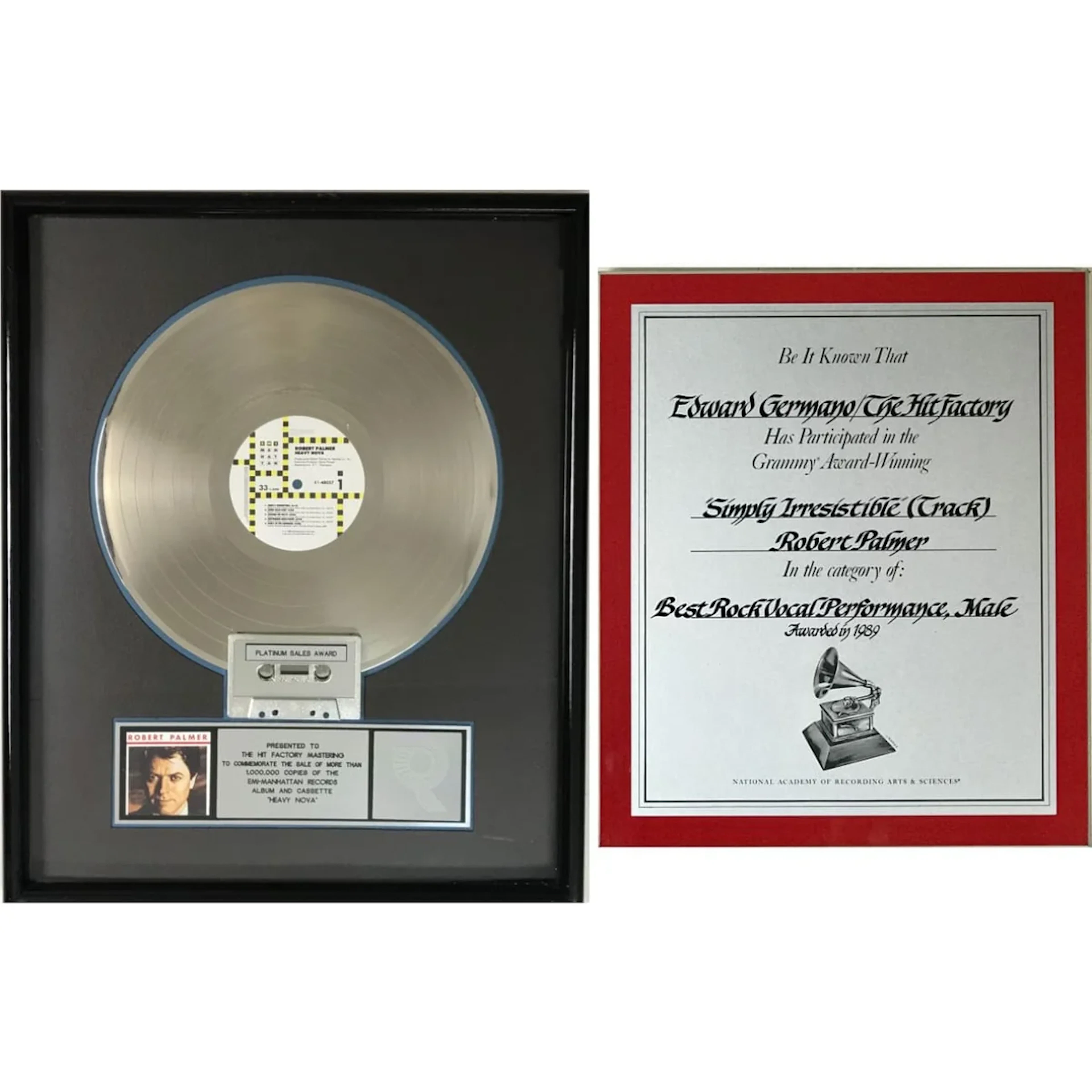 Robert Palmer Heavy Nova RIAA Platinum Album Award + Grammy Win Certificate
