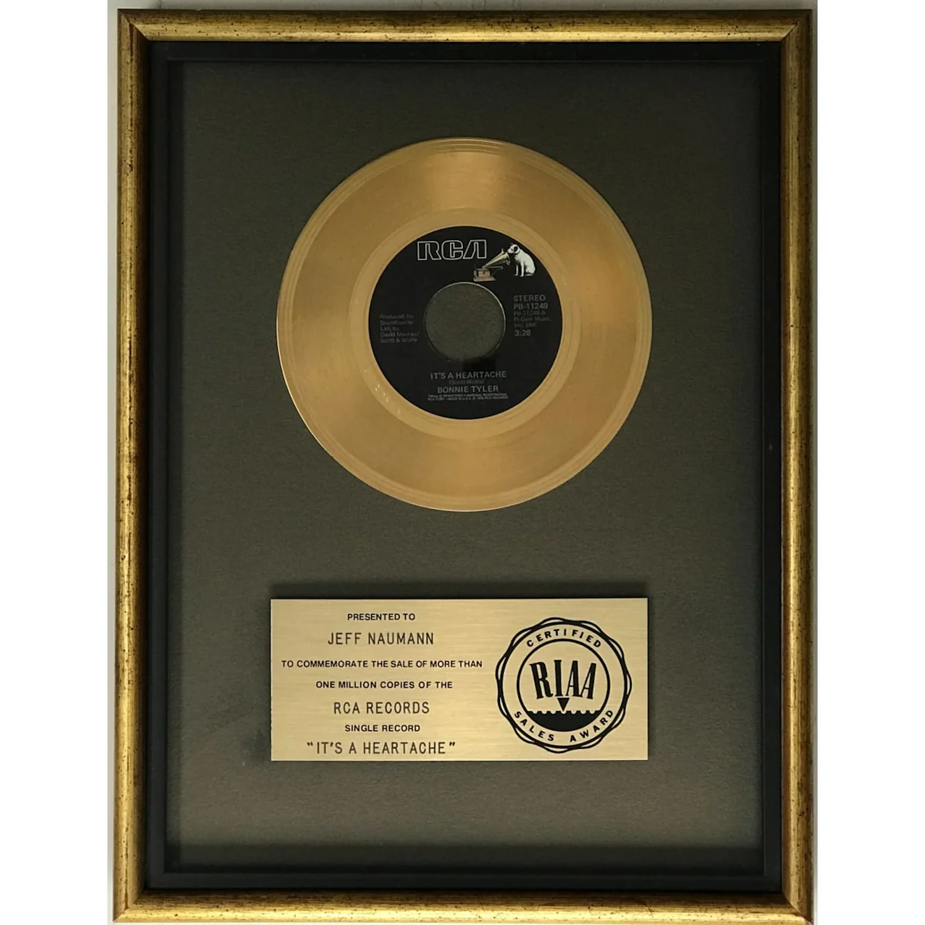 Bonnie Tyler "It's A Heartache" RIAA Gold 45 Single Award