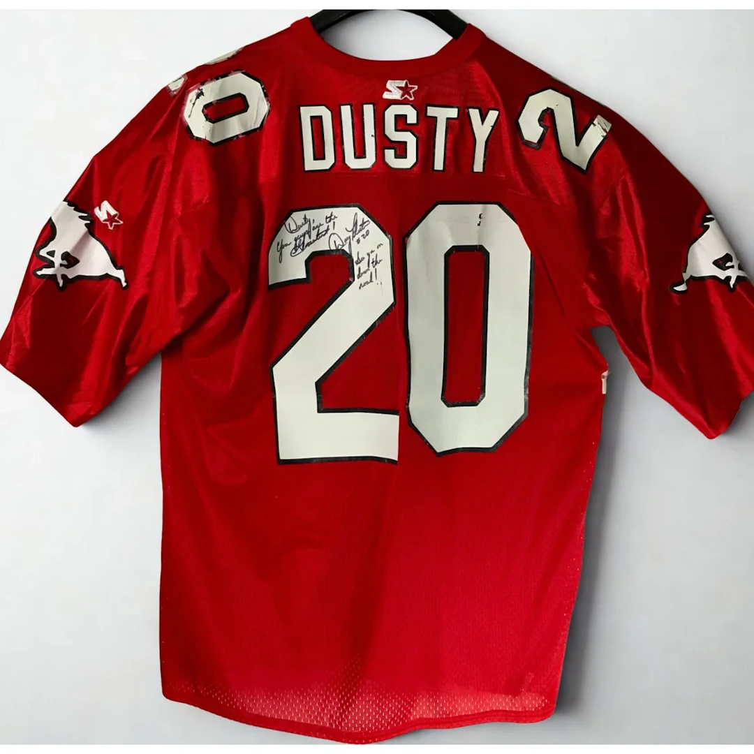 ZZ Top Dusty Hill-Owned Calgary Stampeders Jersey signed by Doug Flutie - RARE