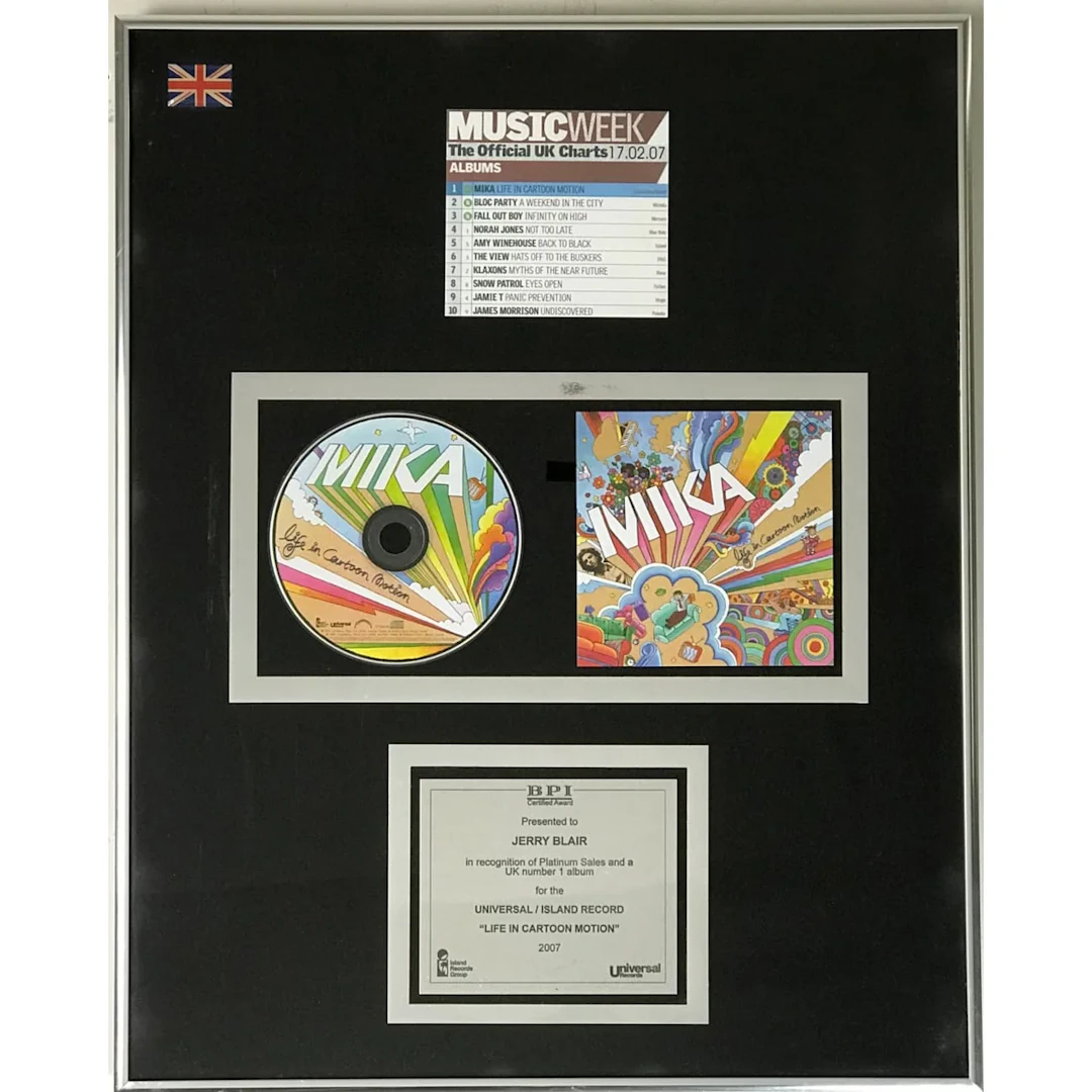 MIKA Life In Cartoon Motion BPI Platinum Album Award