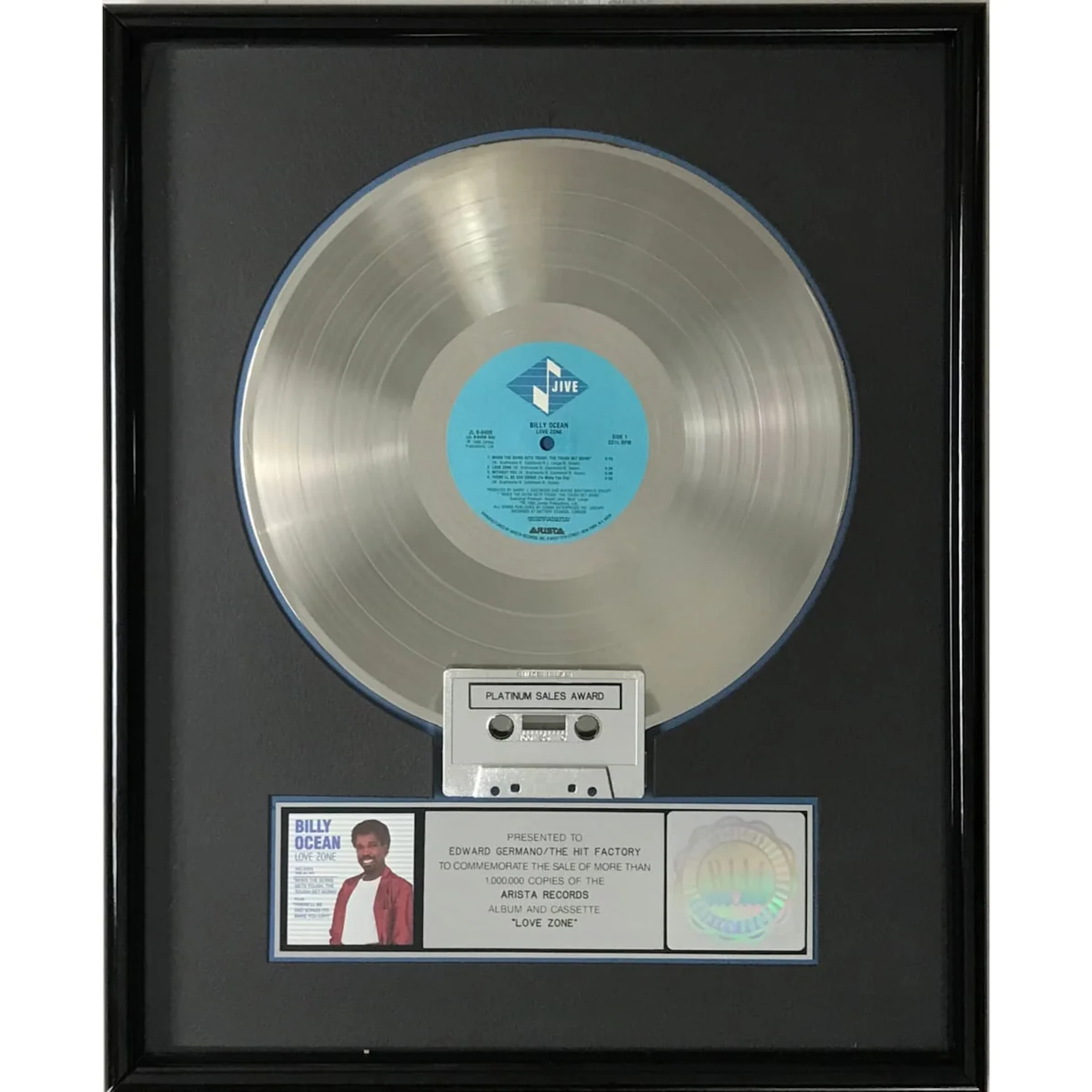 Billy Ocean Love Zone RIAA Platinum Album Award