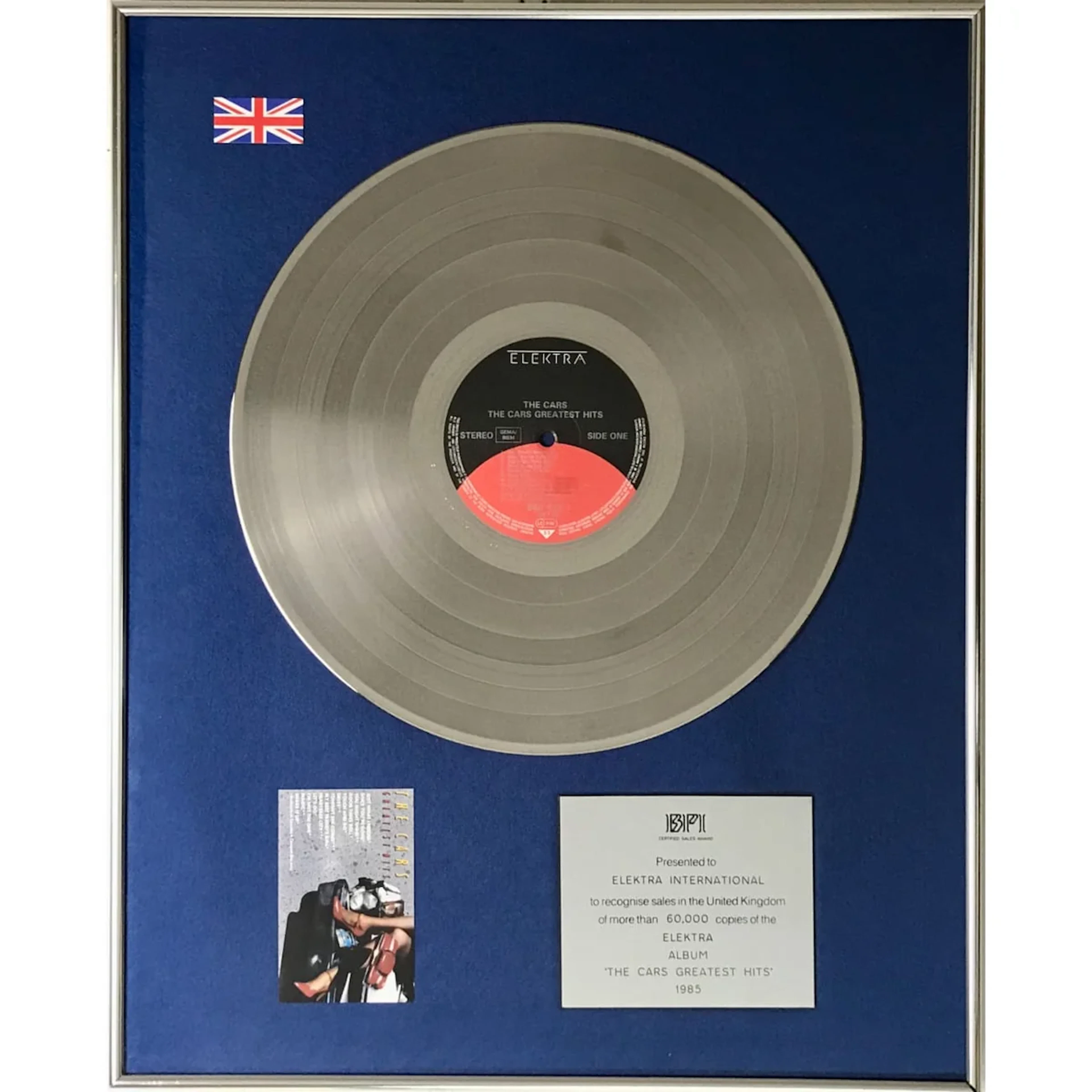 The Cars Greatest Hits BPI 1985 Silver LP Award